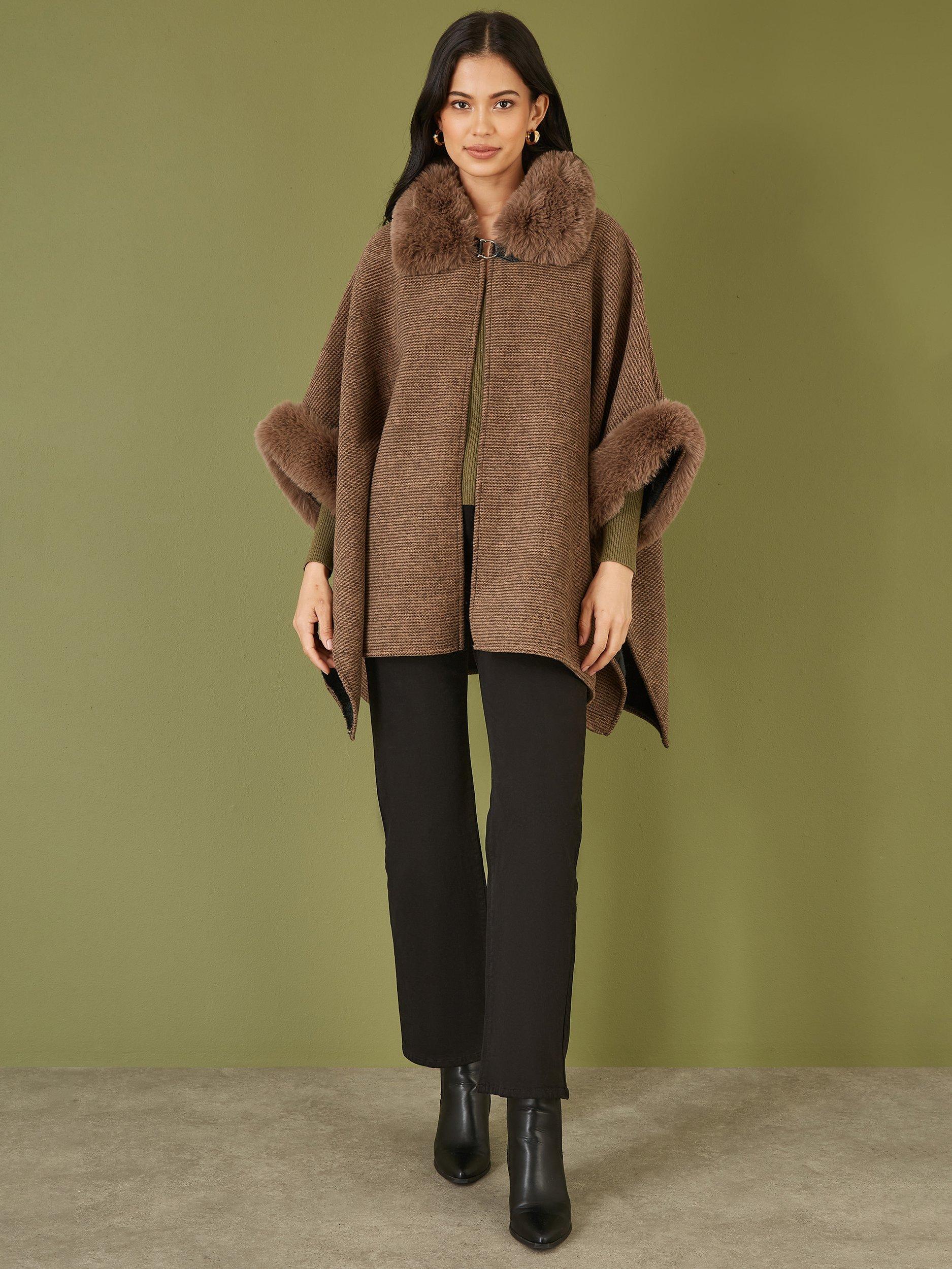 Product image 2 of 6, which shows Yumi Faux Fur Trim Cape, Brown, S-M