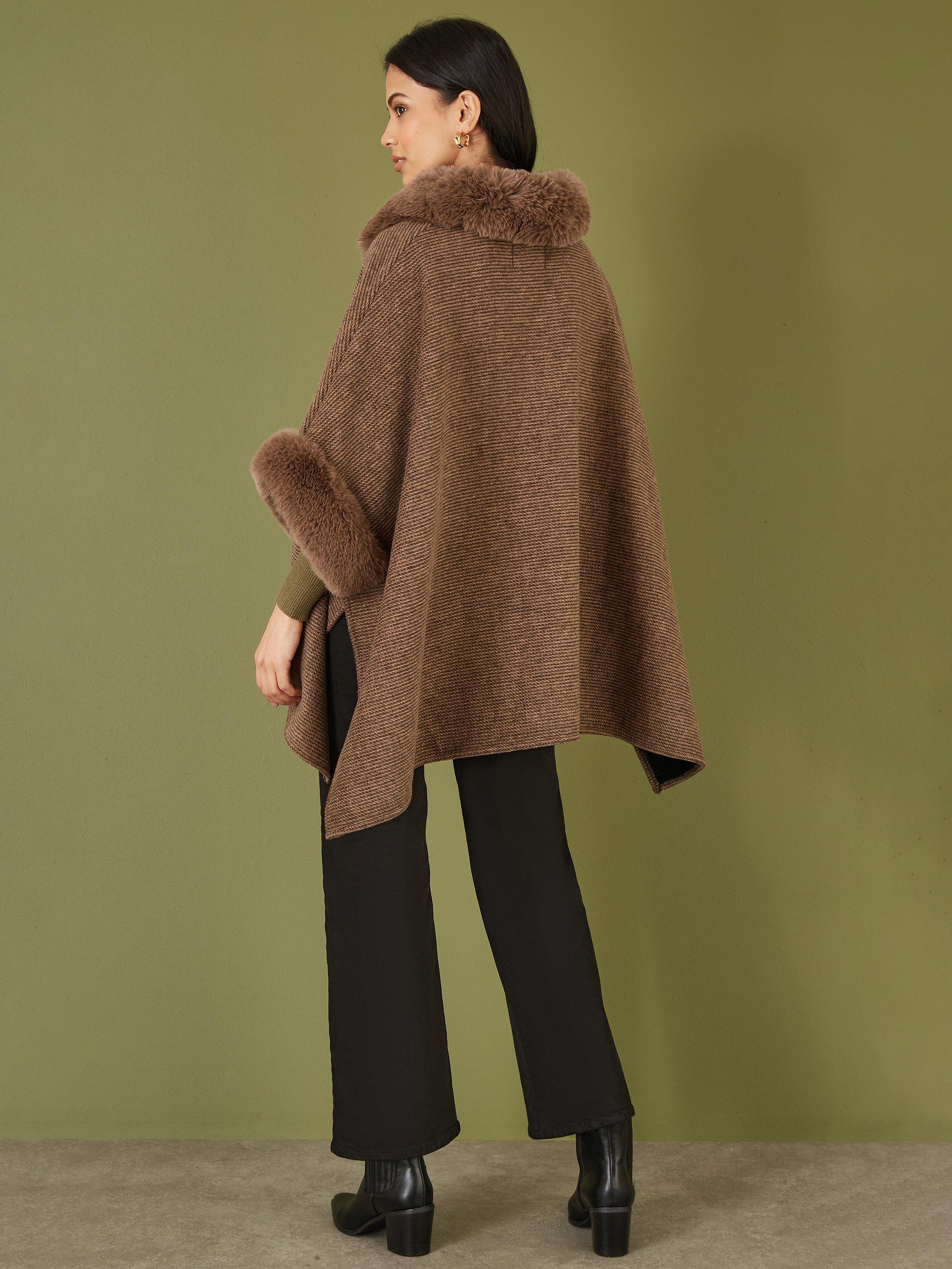 Product image 3 of 6, which shows Yumi Faux Fur Trim Cape, Brown, S-M