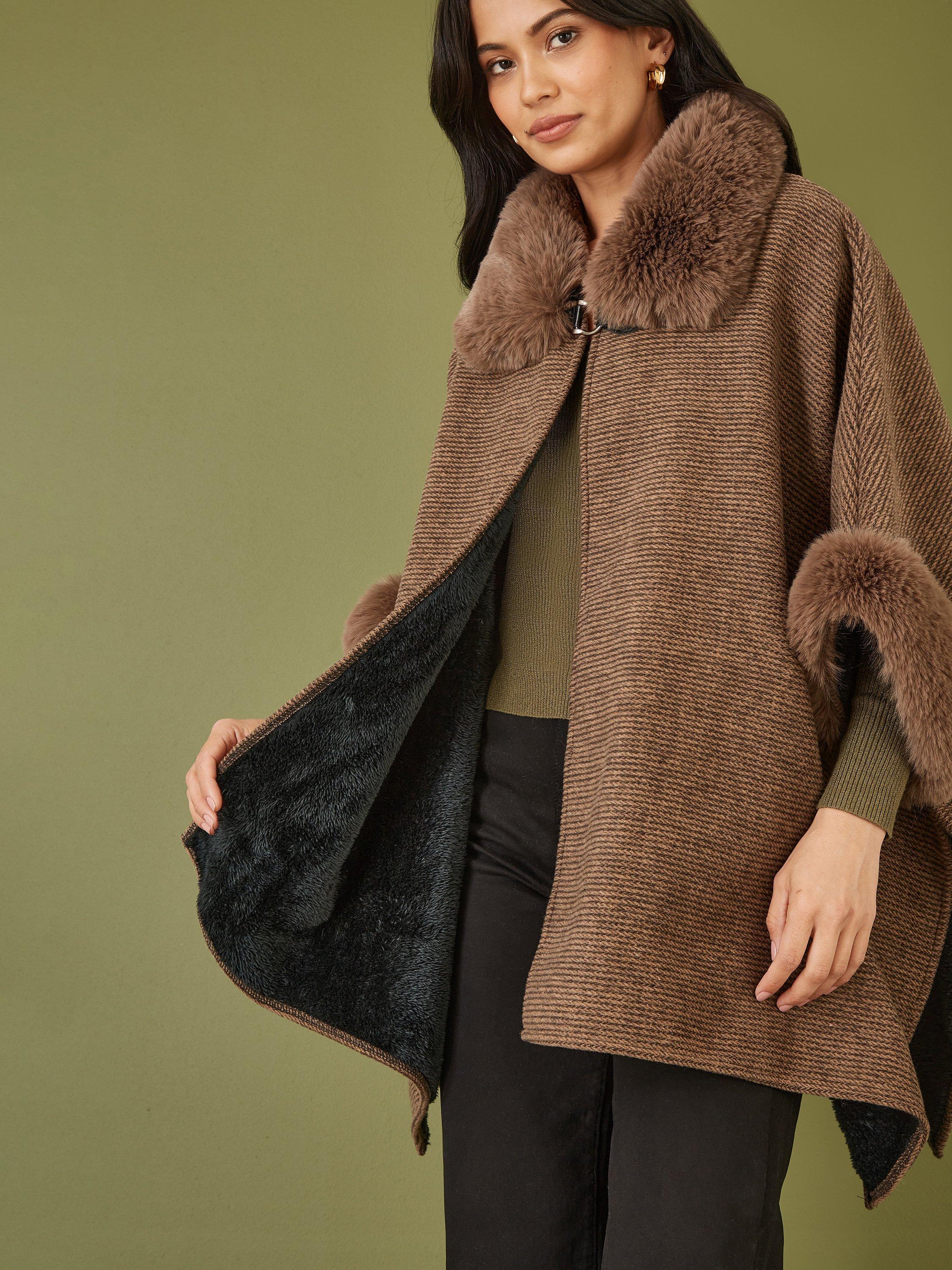 Product image 4 of 6, which shows Yumi Faux Fur Trim Cape, Brown, S-M