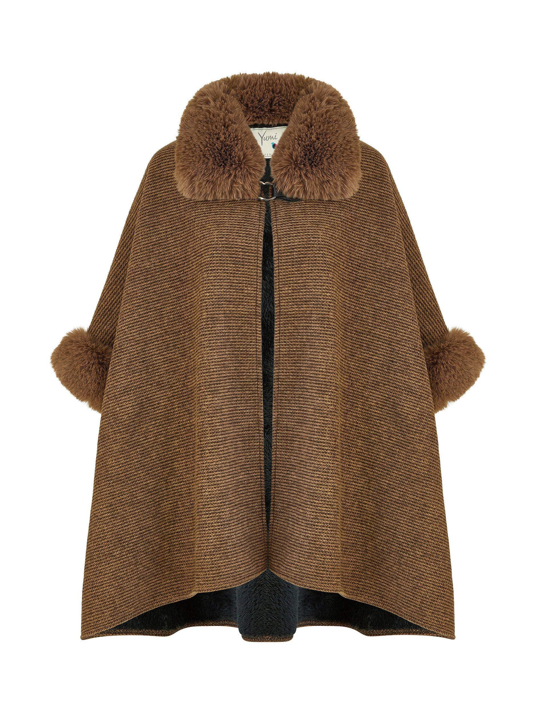 Product image 5 of 6, which shows Yumi Faux Fur Trim Cape, Brown, S-M