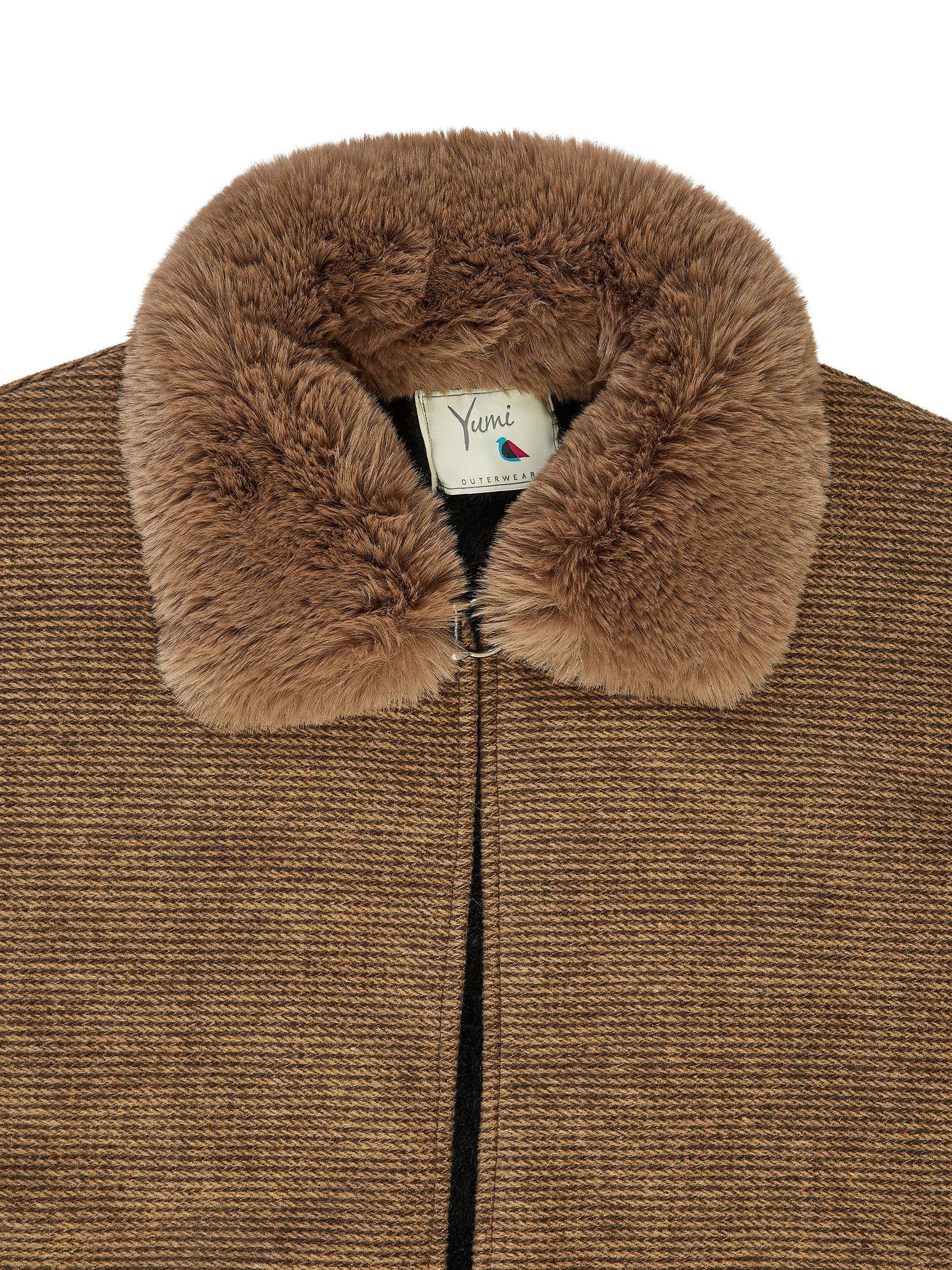 Product image 6 of 6, which shows Yumi Faux Fur Trim Cape, Brown, S-M