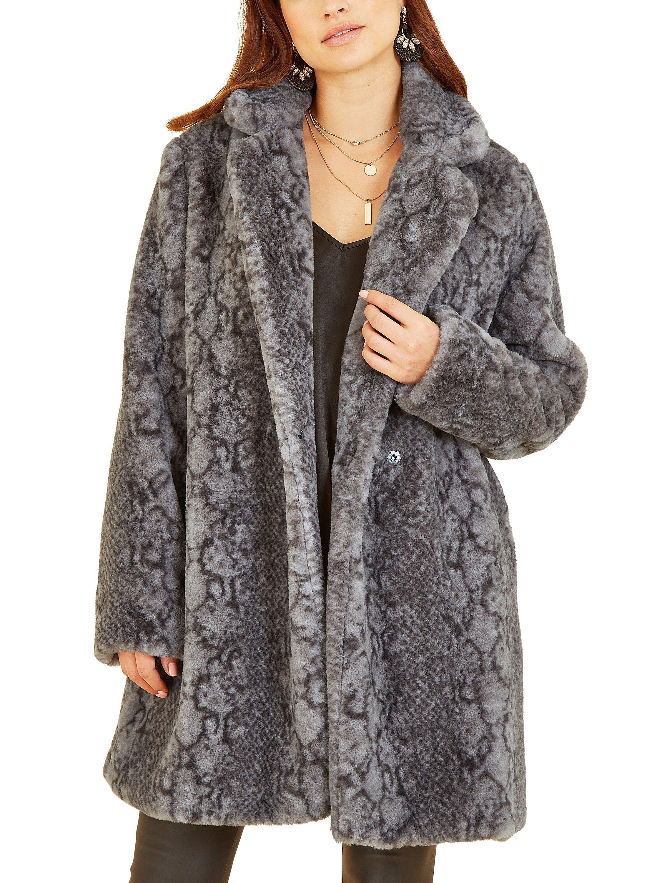Product image 1 of 4, which shows Yumi Snakeskin Print Faux Fur Coat, Grey, 8