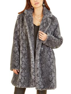 Yumi Snakeskin Print Faux Fur Coat, Grey, Grey
