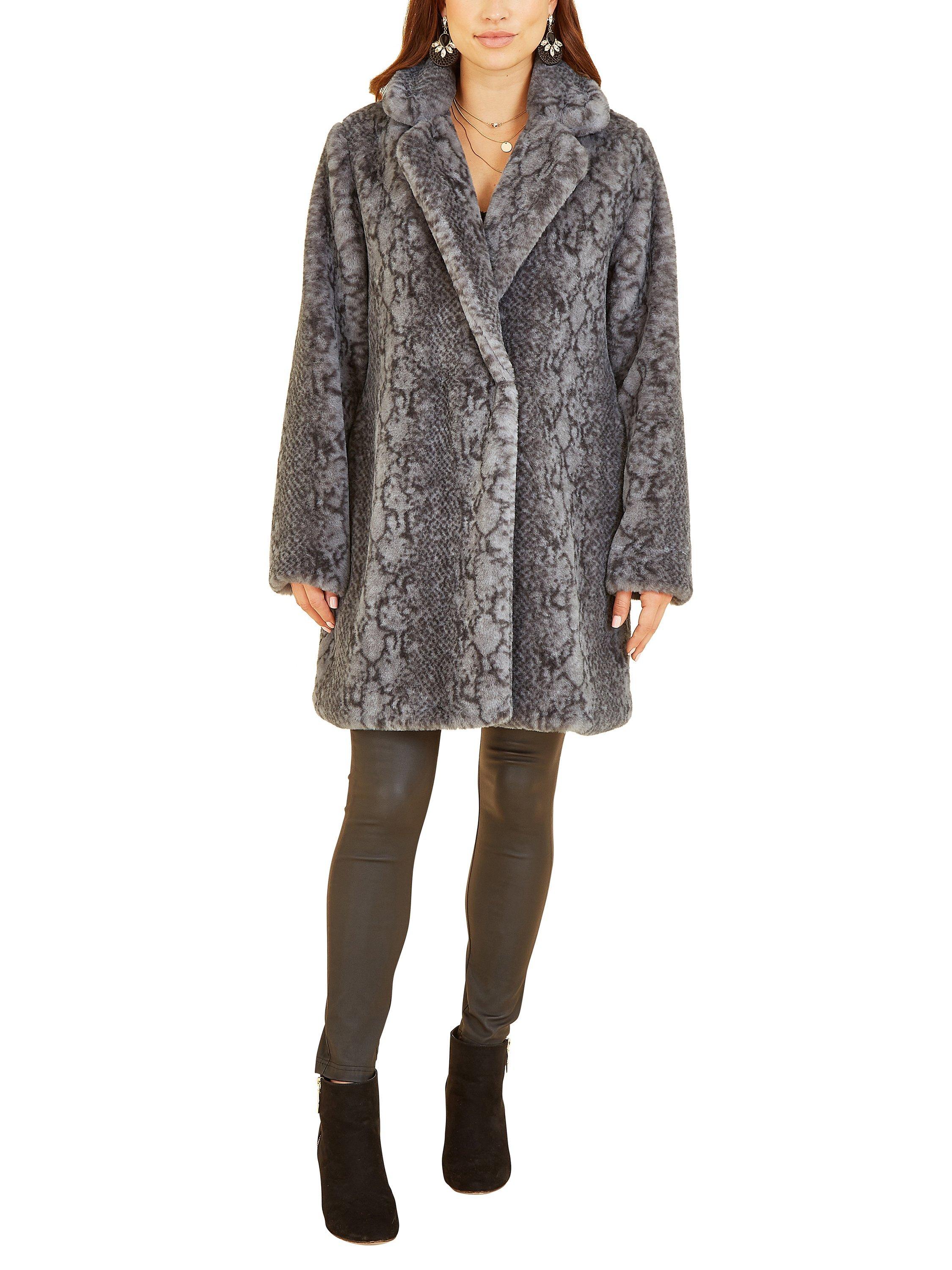Product image 2 of 4, which shows Yumi Snakeskin Print Faux Fur Coat, Grey, 8