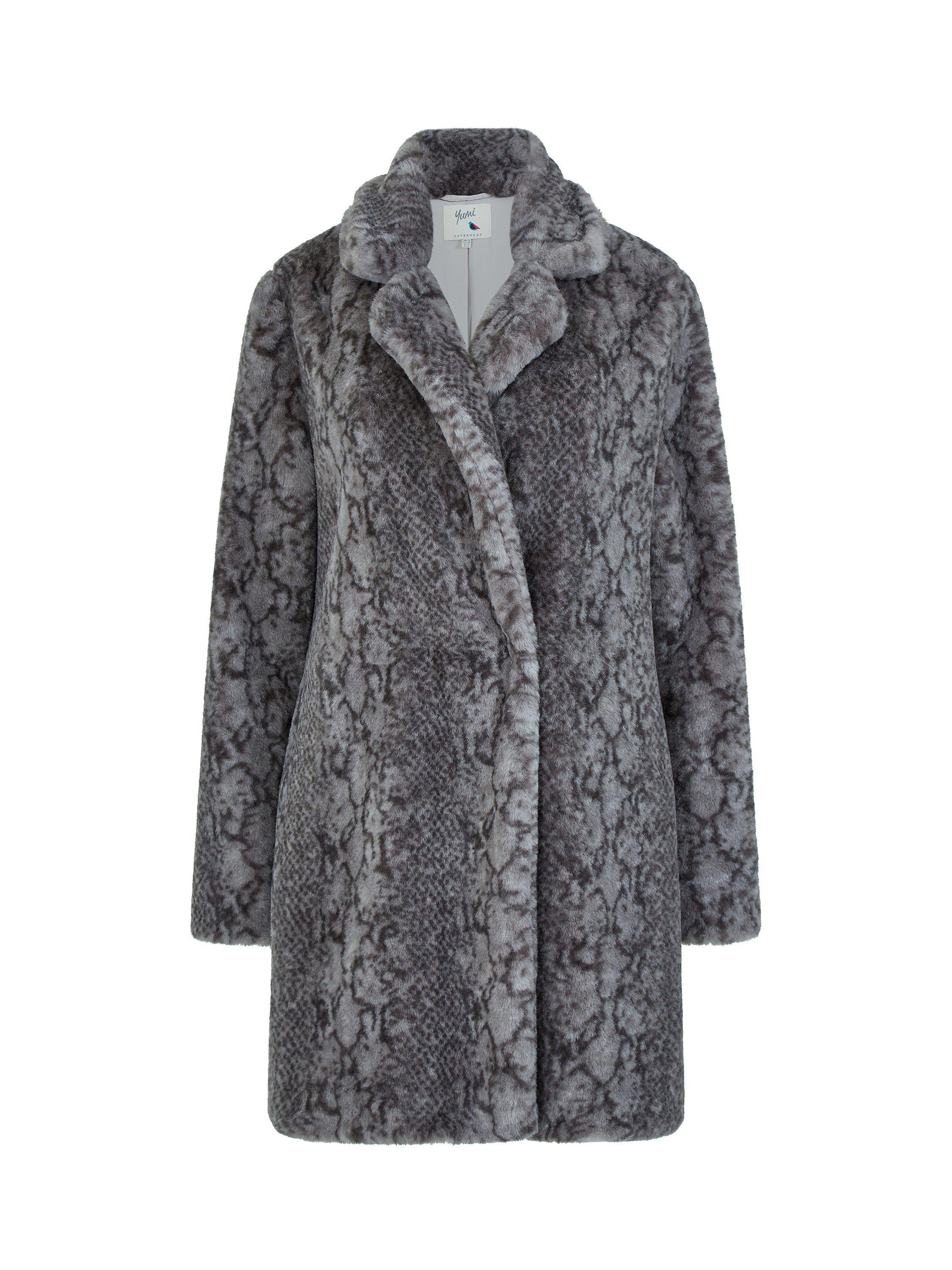 Product image 4 of 4, which shows Yumi Snakeskin Print Faux Fur Coat, Grey, 8