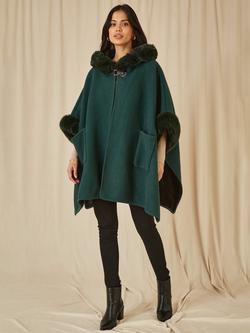 Yumi Faux Fur Trim Cape - view 2, Green