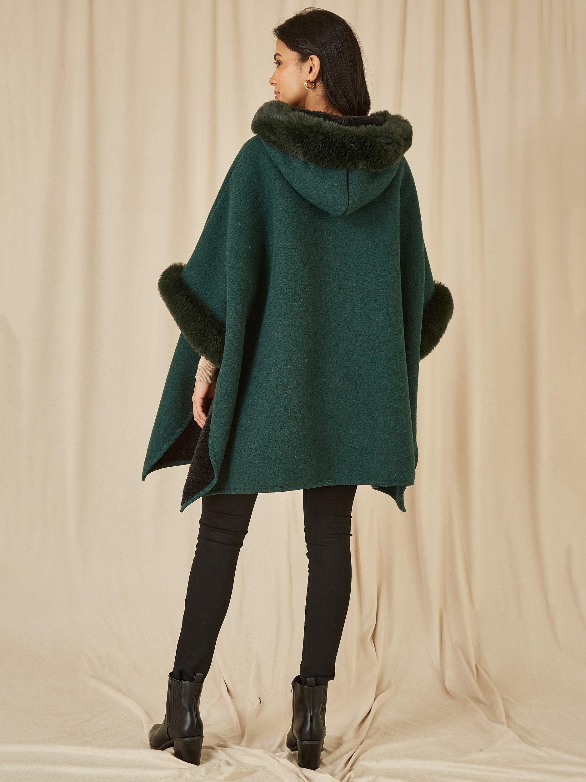 Product image 3 of 6, which shows Yumi Faux Fur Trim Cape, Green, S-M