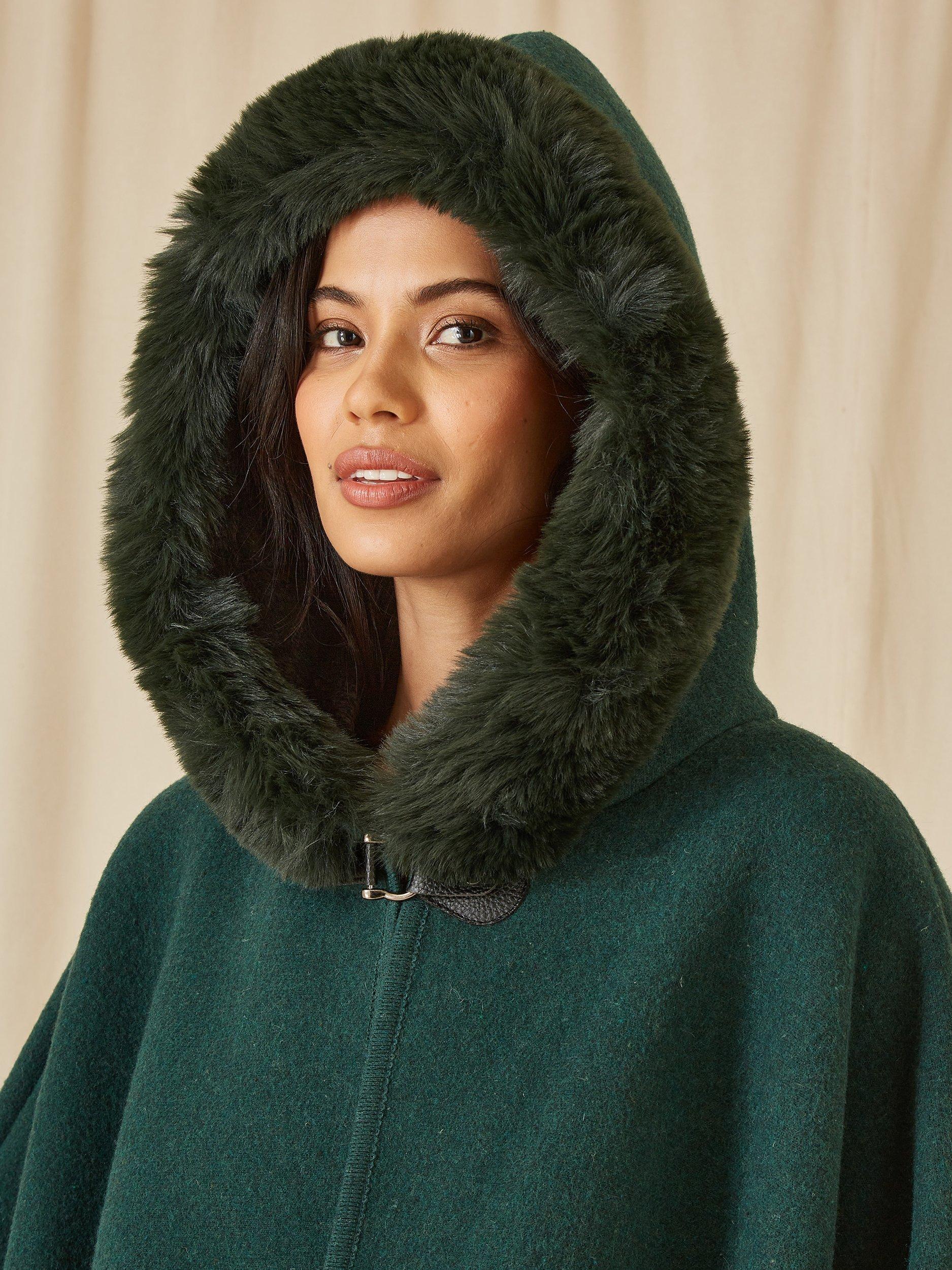 Product image 5 of 6, which shows Yumi Faux Fur Trim Cape, Green, S-M