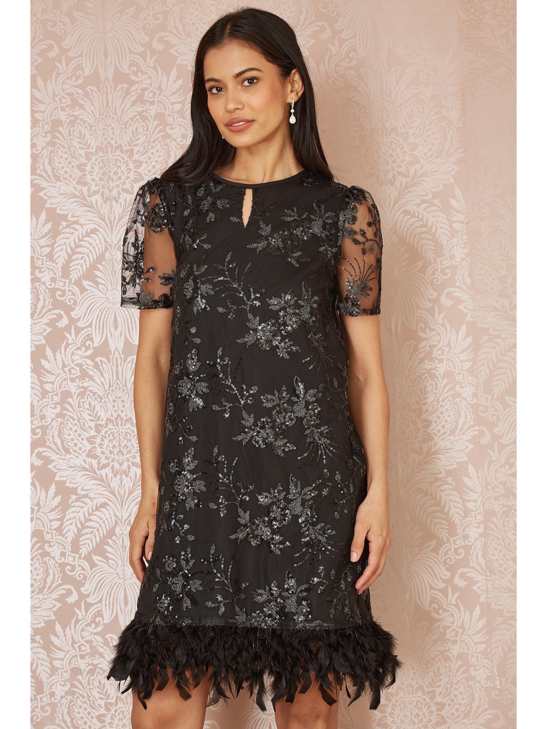 Product image 1 of 5, which shows Yumi Sequin Embroidered Tunic Dress, Black, 8