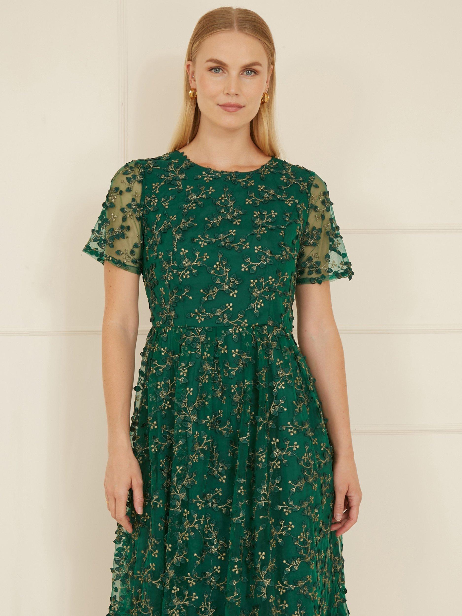 Product image 1 of 5, which shows Yumi Embroidered Skater Dress, Green, 8