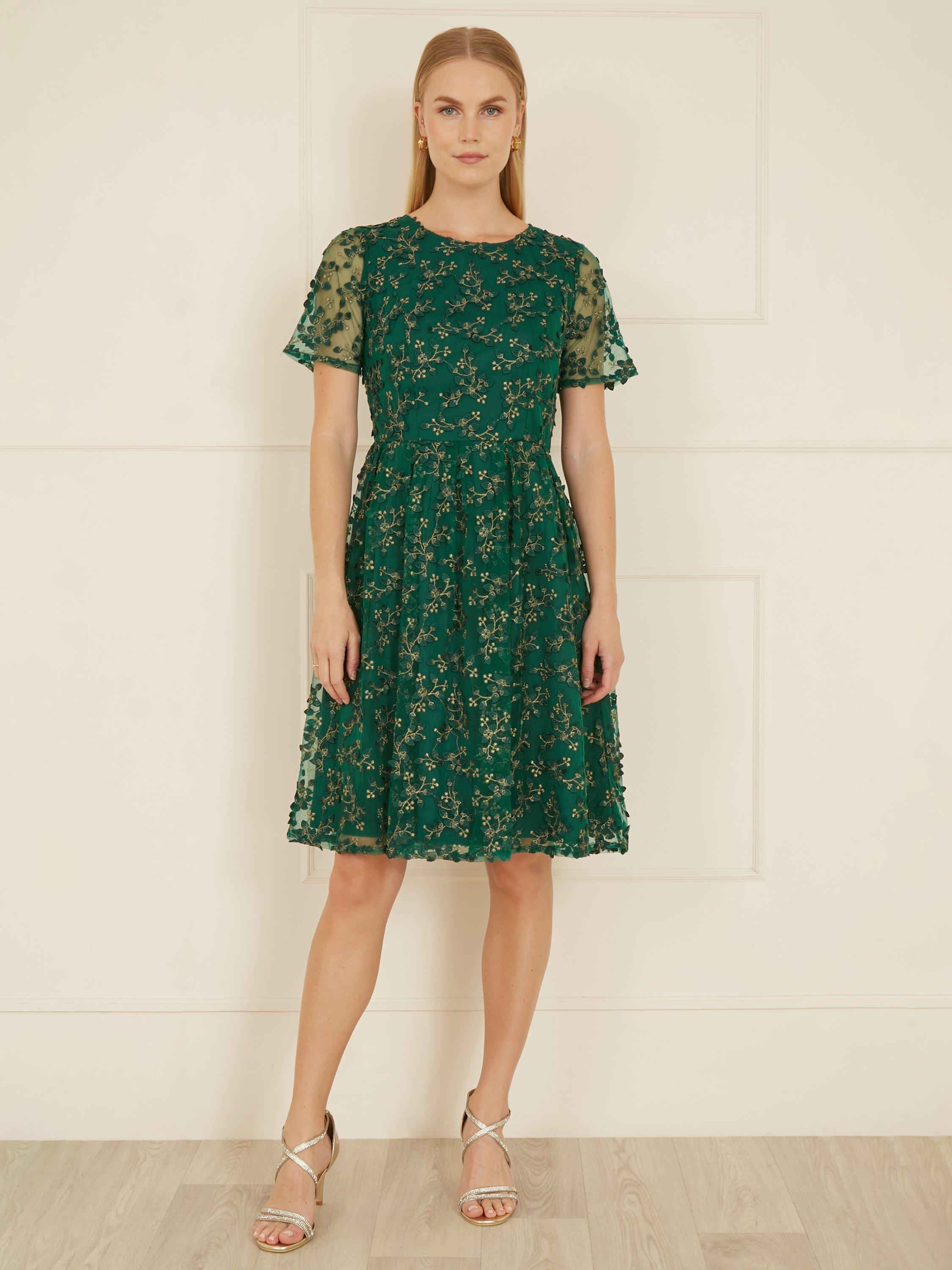 Product image 2 of 5, which shows Yumi Embroidered Skater Dress, Green, 8