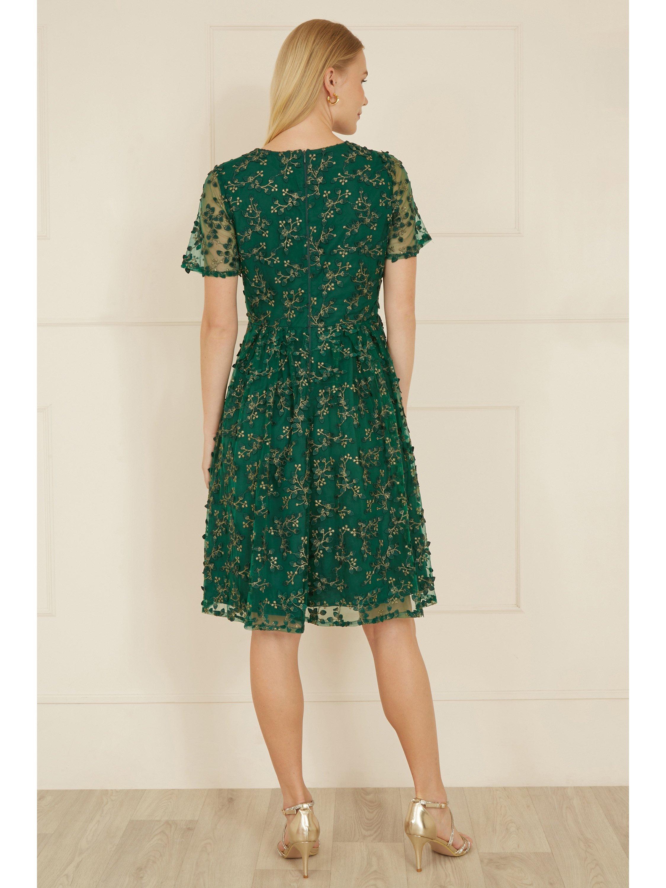 Product image 3 of 5, which shows Yumi Embroidered Skater Dress, Green, 8