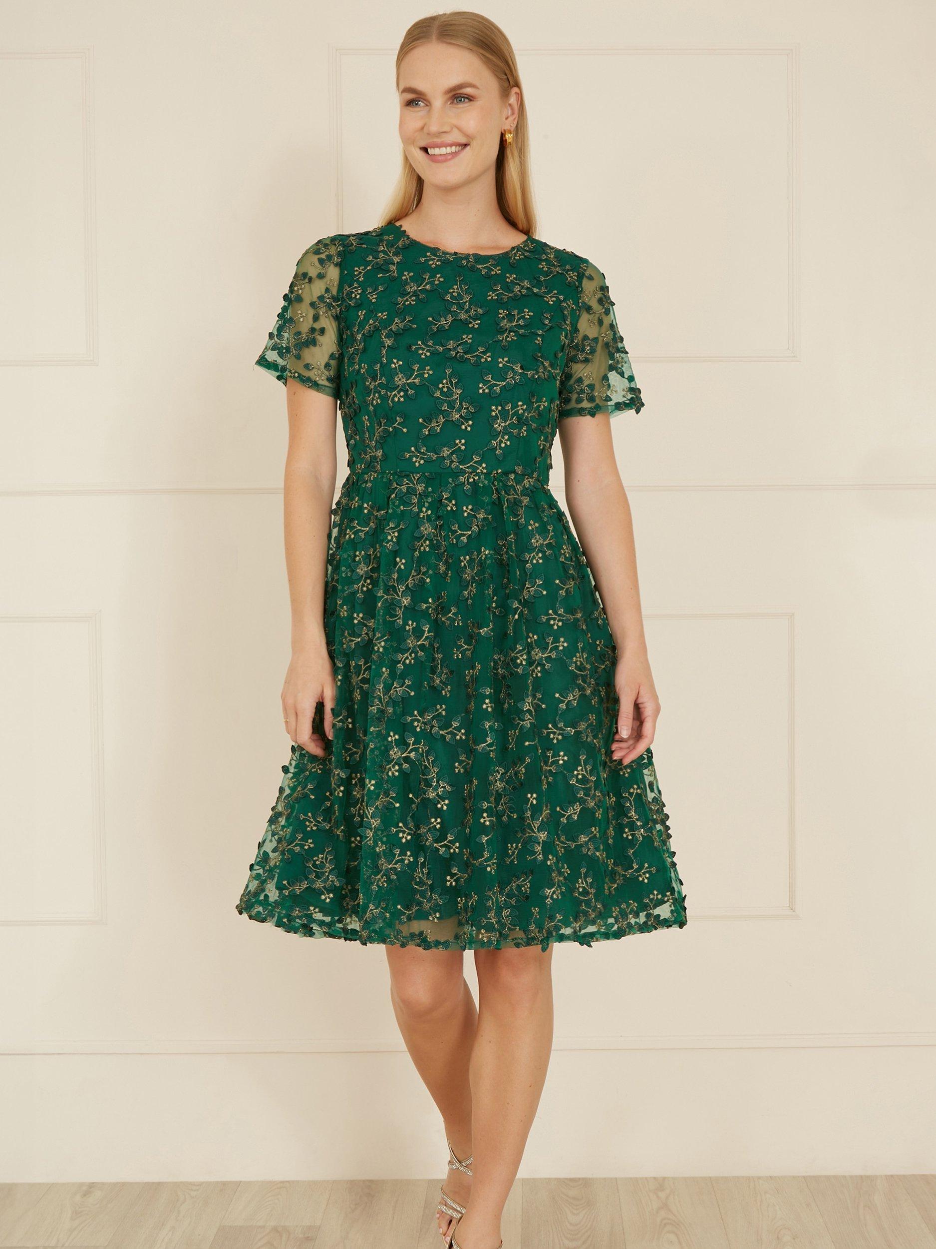Product image 5 of 5, which shows Yumi Embroidered Skater Dress, Green, 8