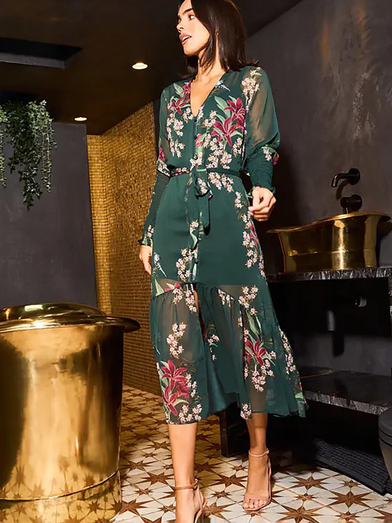 Product image 1 of 3, which shows Yumi Floral Embroidered Midi Dress, Green/Multi, 8