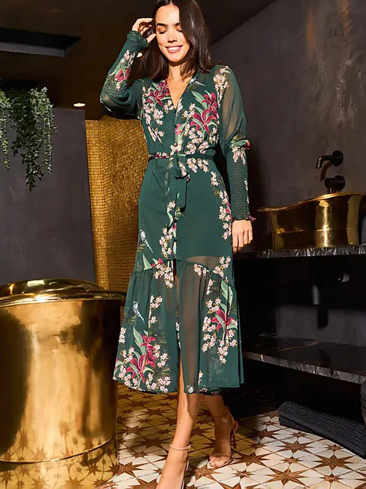 Product image 2 of 3, which shows Yumi Floral Embroidered Midi Dress, Green/Multi, 8
