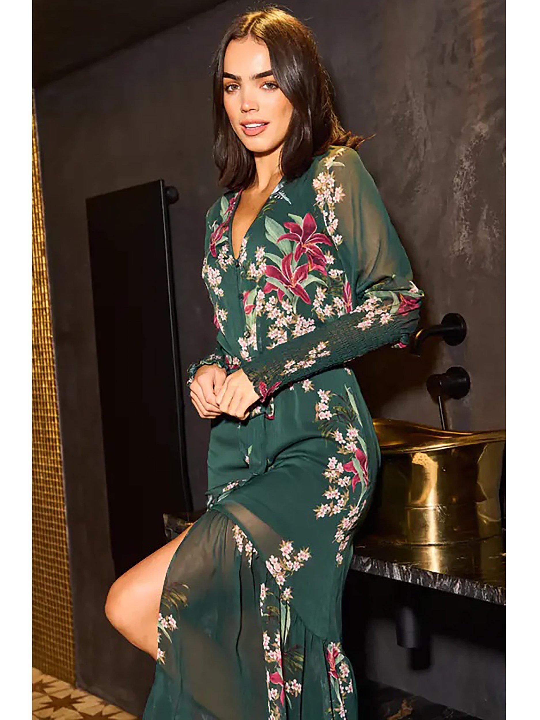 Product image 3 of 3, which shows Yumi Floral Embroidered Midi Dress, Green/Multi, 8