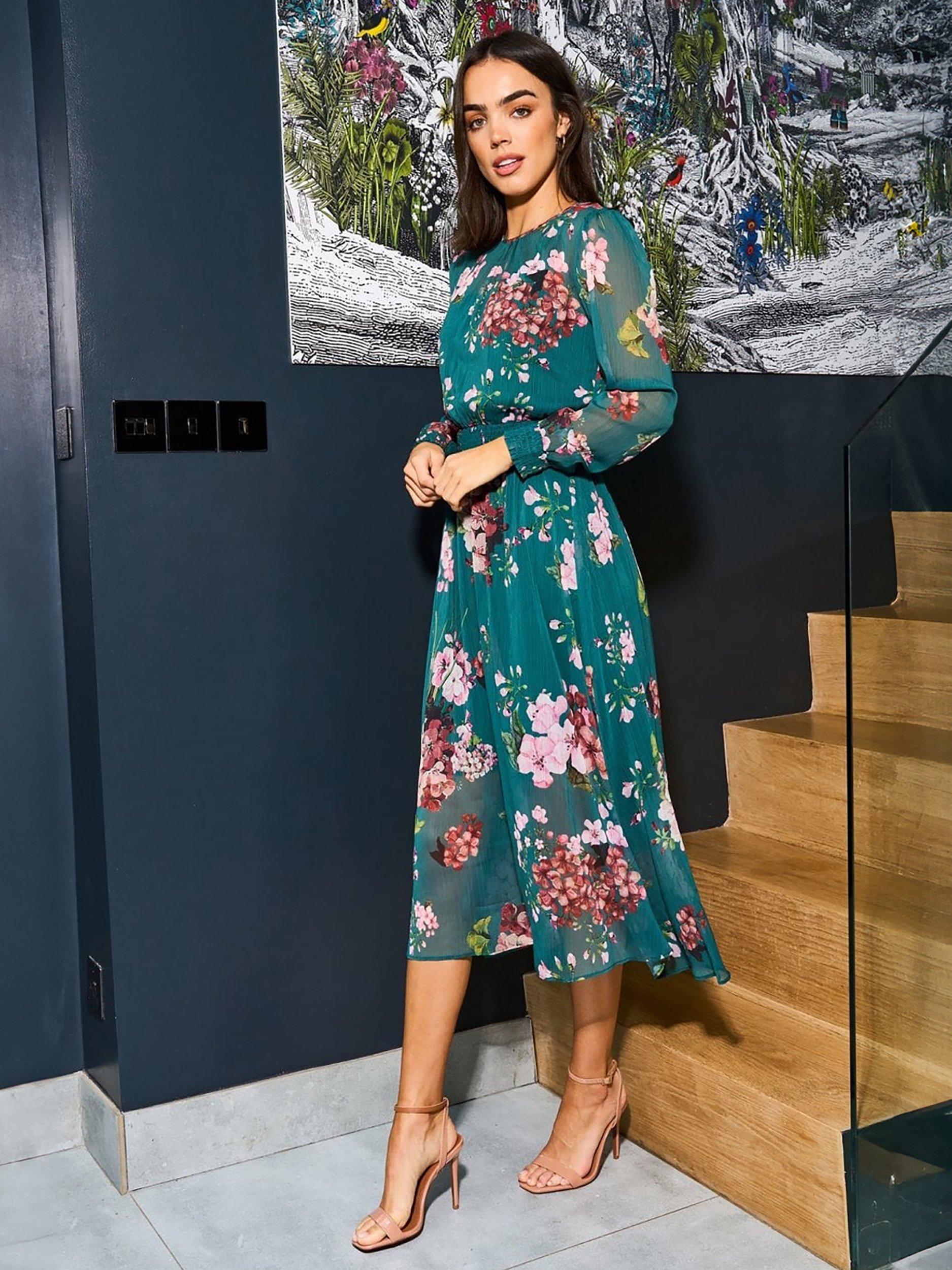 Yumi Floral Print Long Sleeve Midi Dress Green