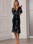 Yumi Floral Ruched Bodycon Ruffle Hem Midi Dress, Navy