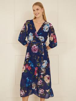 Yumi Watercolour Floral Dip Hem Midi Dress, Navy, Navy