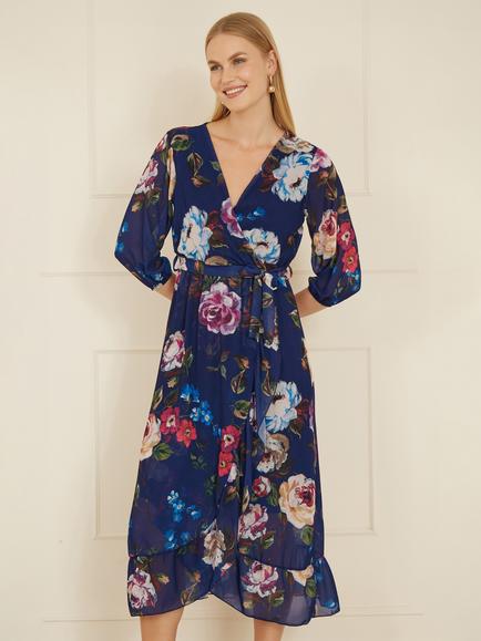 Yumi Watercolour Floral Dip Hem Midi Dress, Navy, Navy