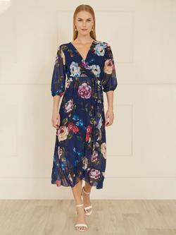 Yumi Watercolour Floral Dip Hem Midi Dress, Navy - view 2, Navy