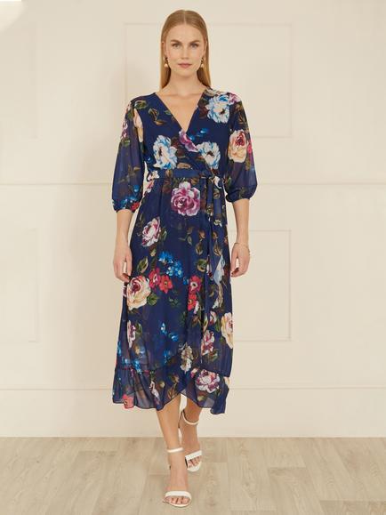 Yumi Watercolour Floral Dip Hem Midi Dress, Navy - view 2, Navy