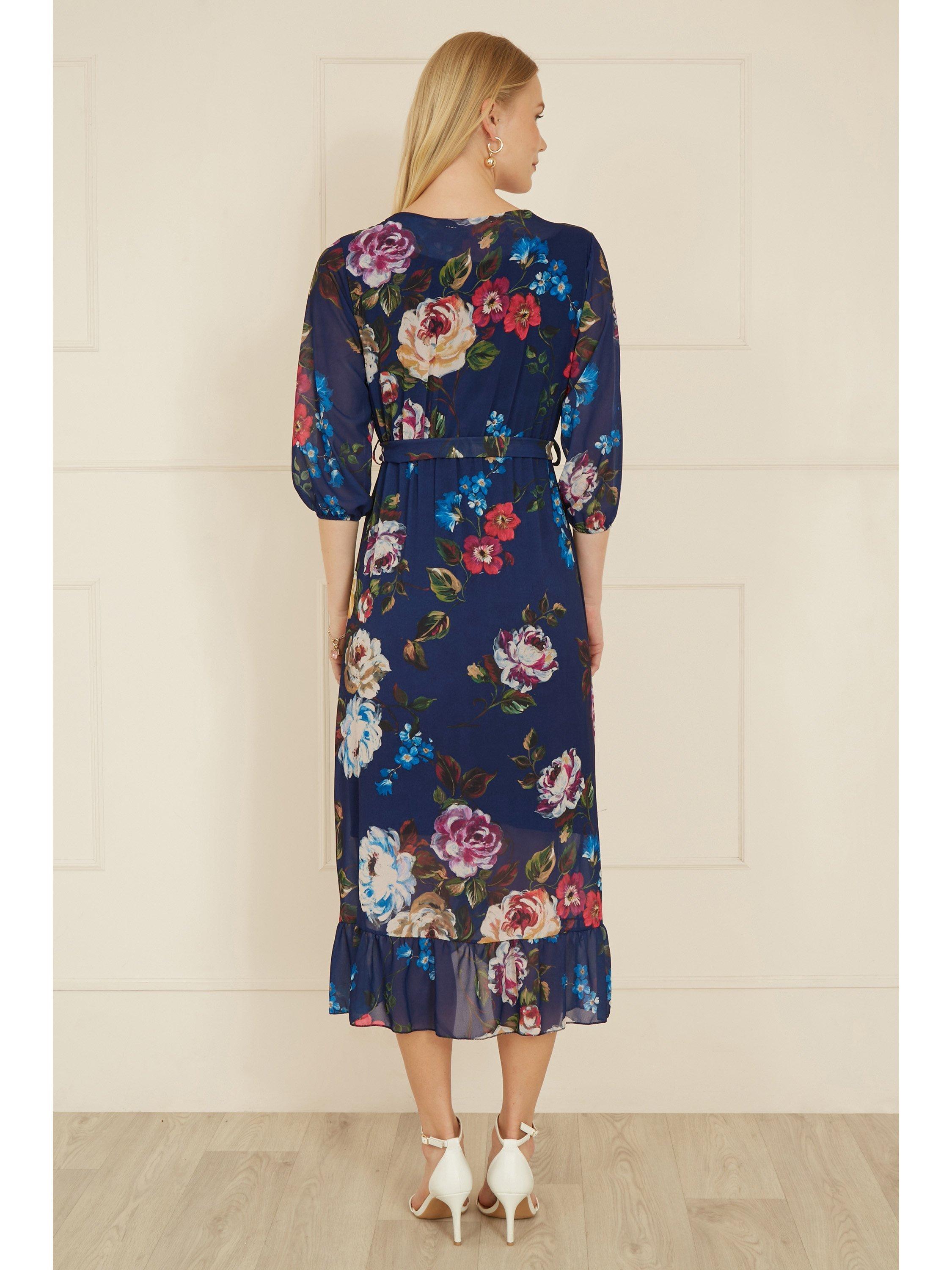 Product image 3 of 5, which shows Yumi Watercolour Floral Dip Hem Midi Dress, Navy, 8