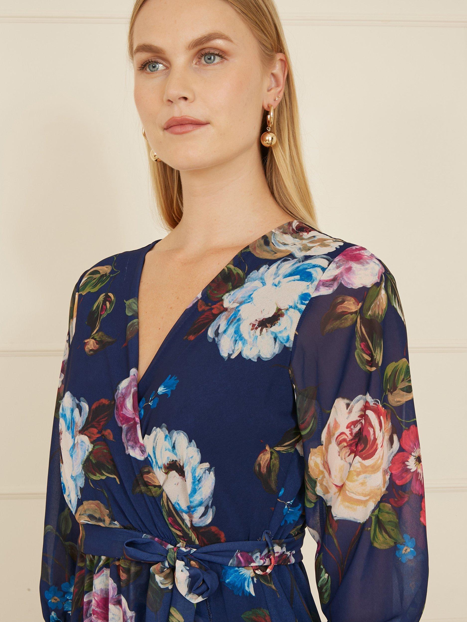 Product image 4 of 5, which shows Yumi Watercolour Floral Dip Hem Midi Dress, Navy, 8