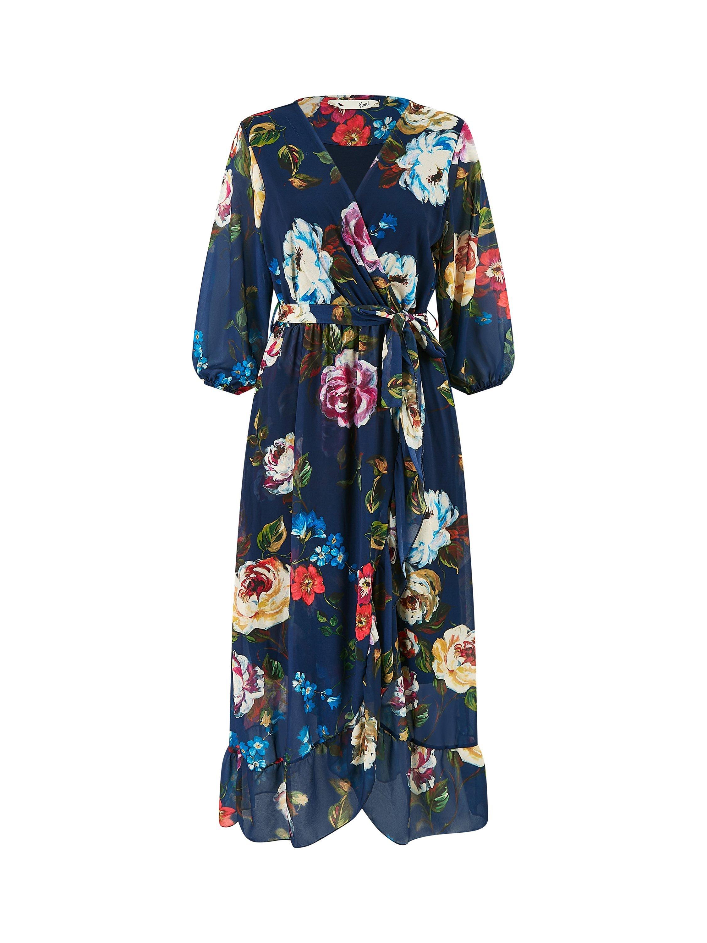 Product image 5 of 5, which shows Yumi Watercolour Floral Dip Hem Midi Dress, Navy, 8