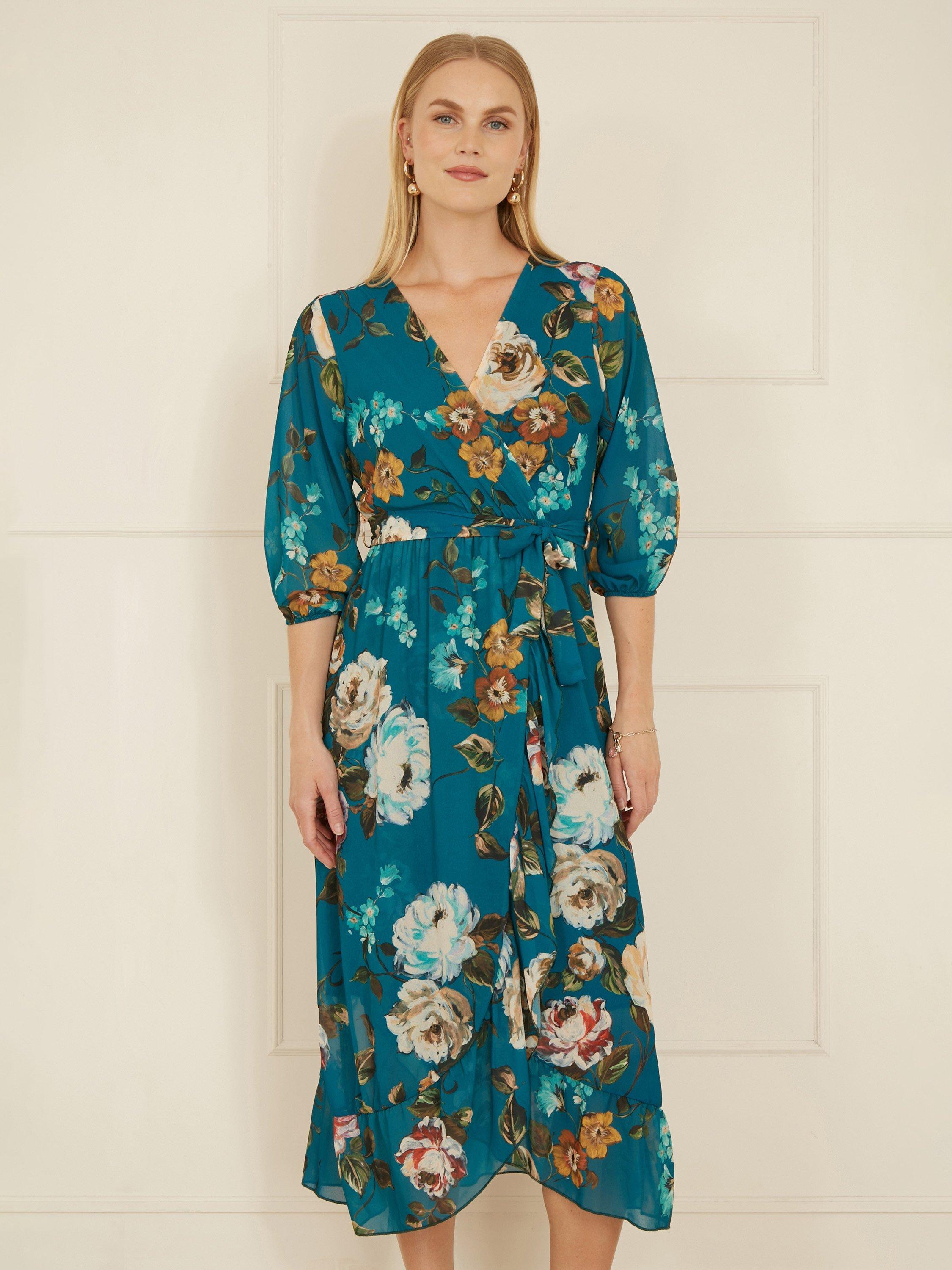 Product image 1 of 5, which shows Yumi Floral Dip Hem Midi Dress, Teal, 8