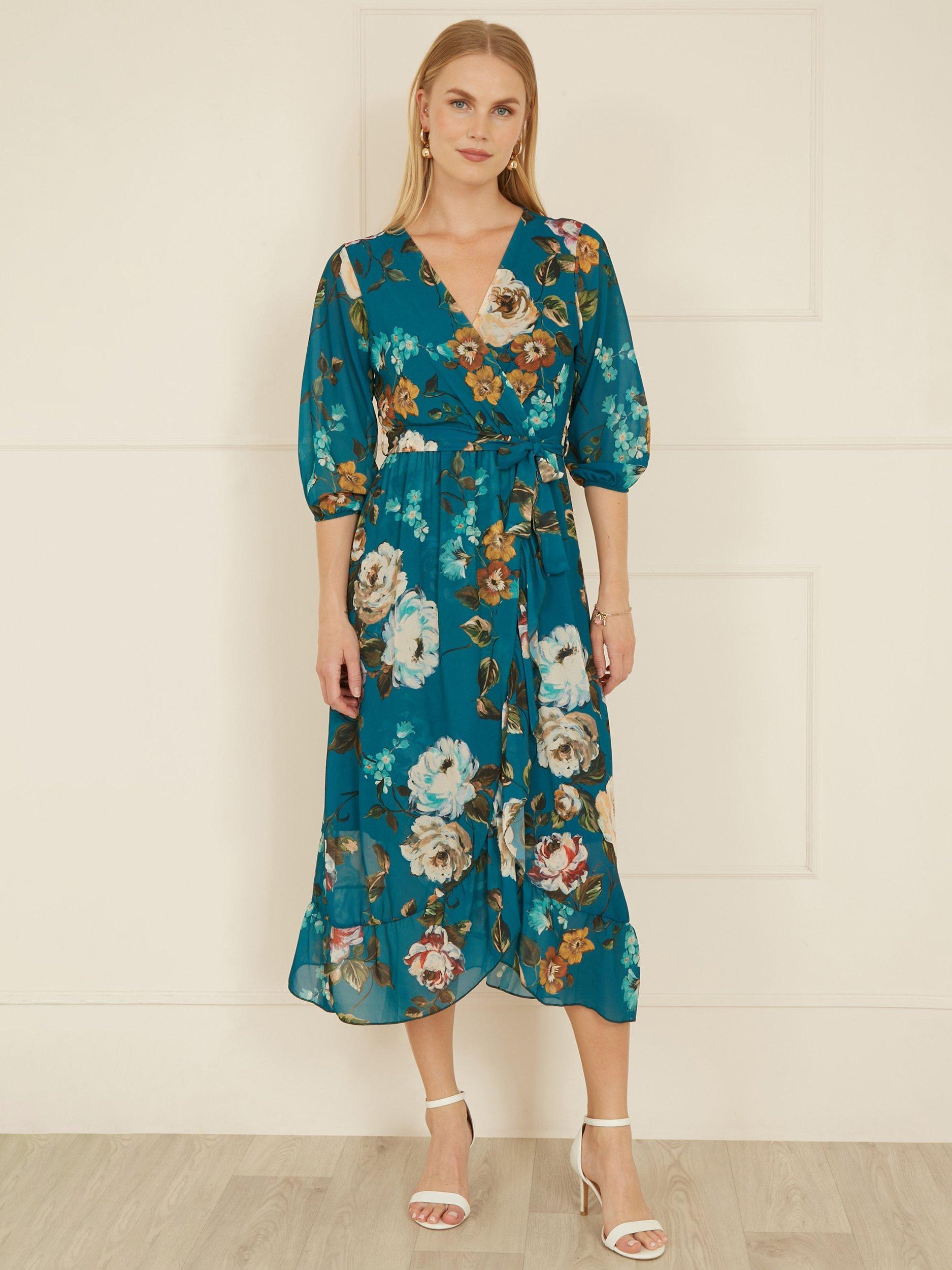 Product image 2 of 5, which shows Yumi Floral Dip Hem Midi Dress, Teal, 8
