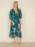 Yumi Floral Dip Hem Midi Dress, Teal