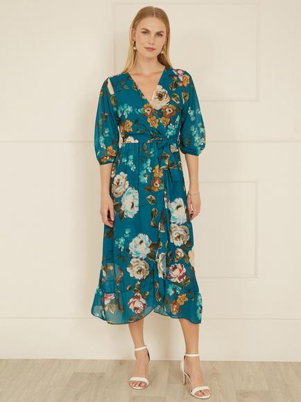 Yumi Floral Dip Hem Midi Dress, Teal - view 2, Teal