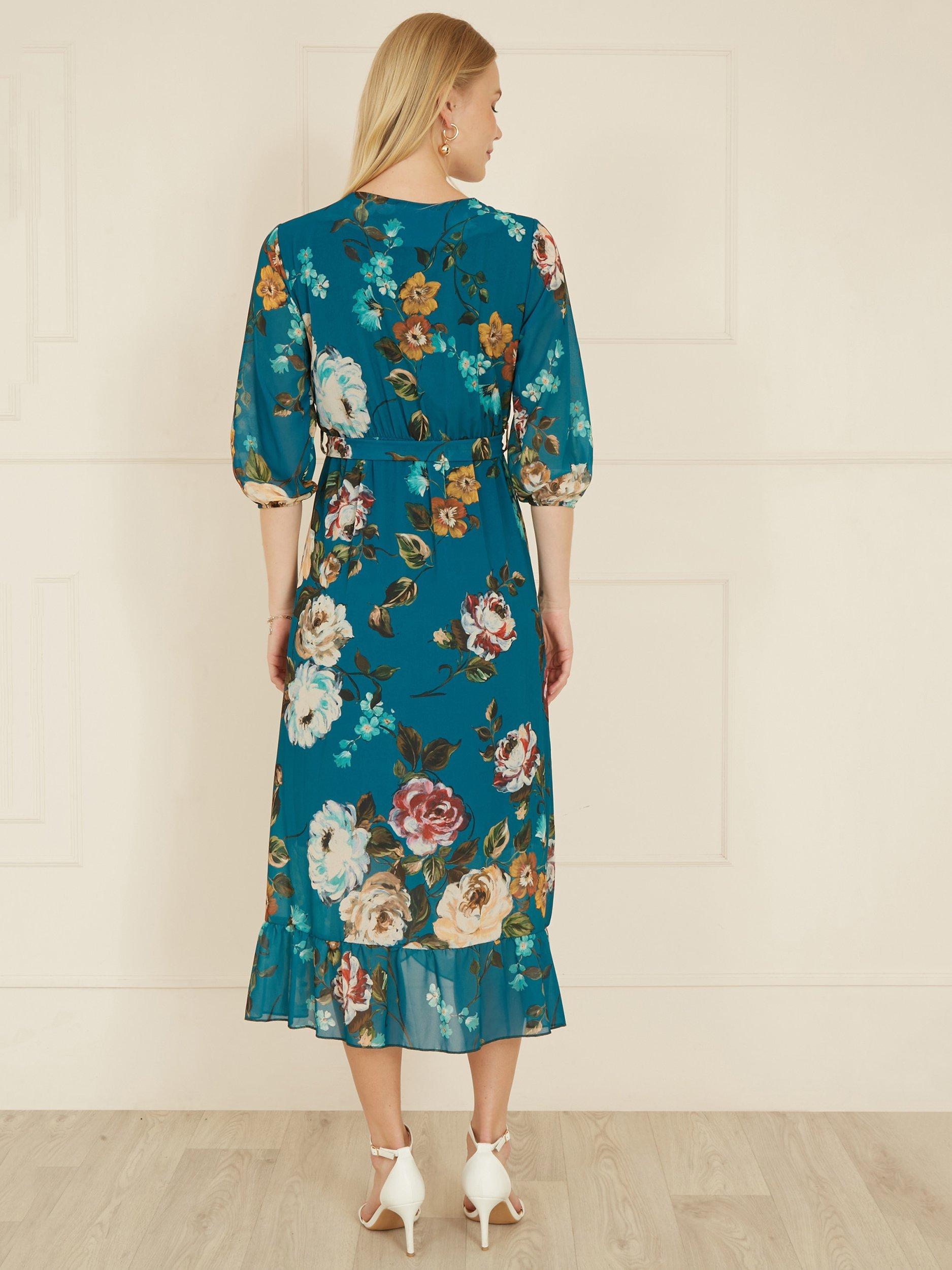 Product image 3 of 5, which shows Yumi Floral Dip Hem Midi Dress, Teal, 8
