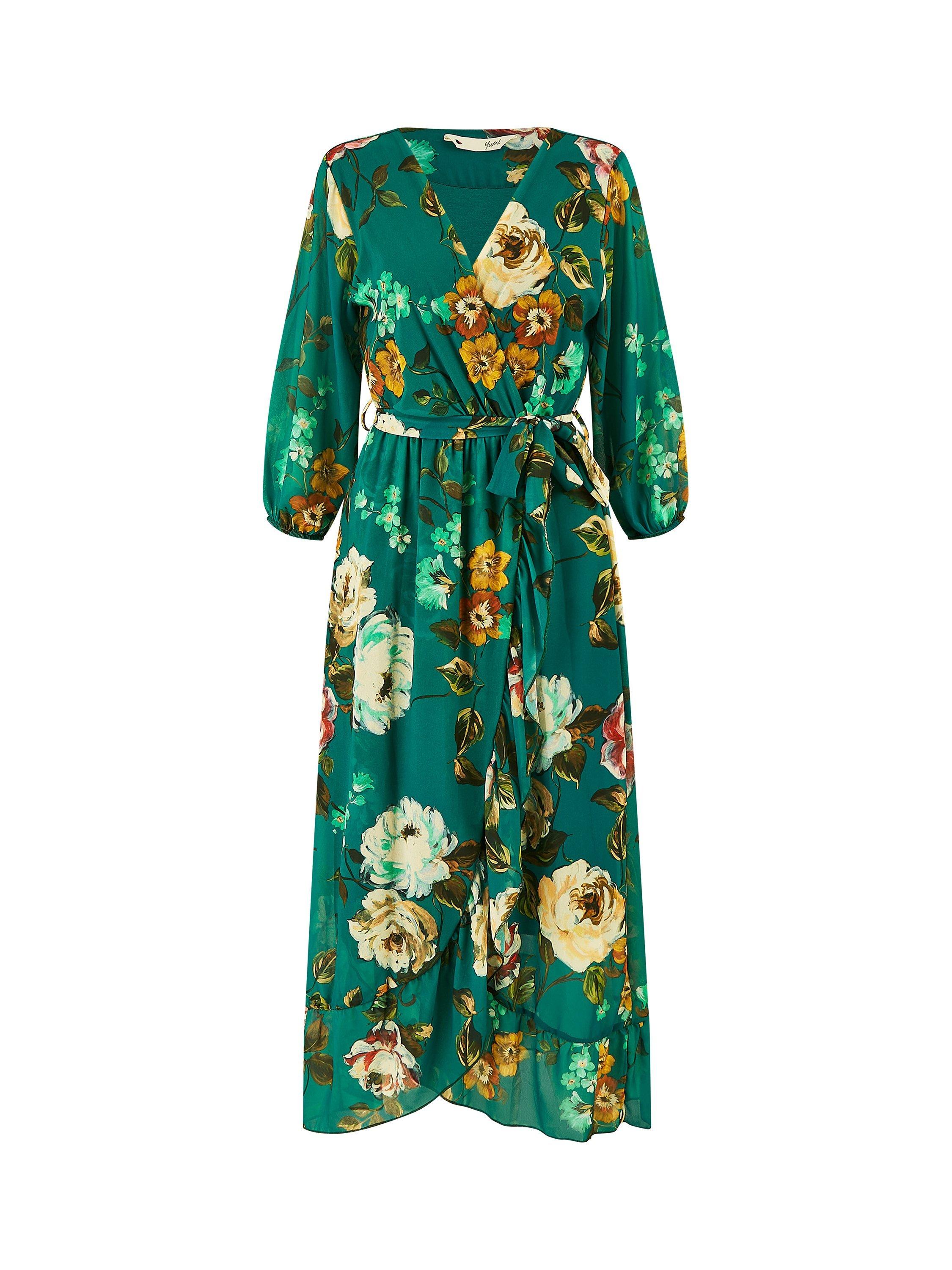 Product image 5 of 5, which shows Yumi Floral Dip Hem Midi Dress, Teal, 8