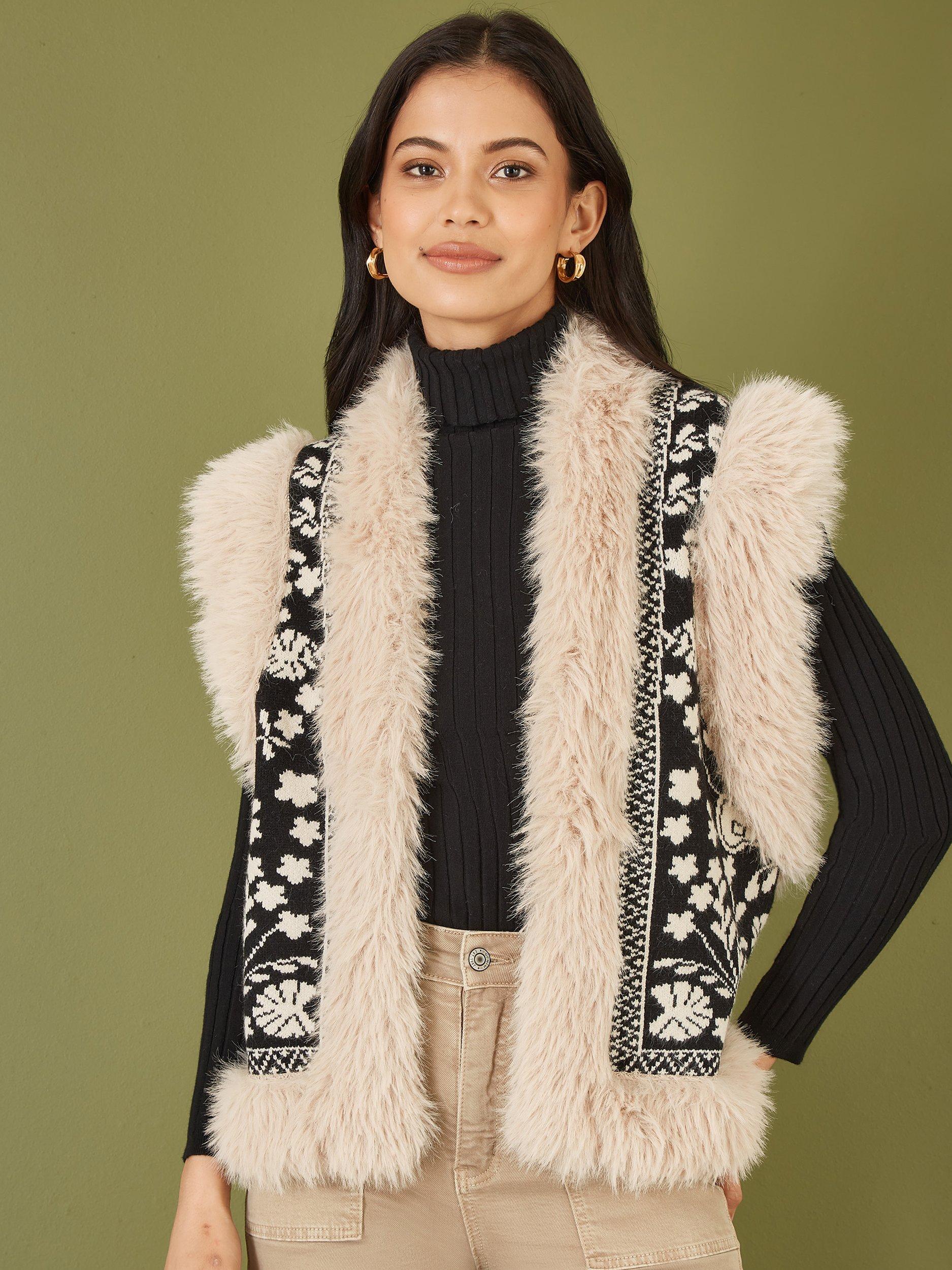 Yumi Knitted Folk Faux Fur Trimmed Gilet, Black/Multi