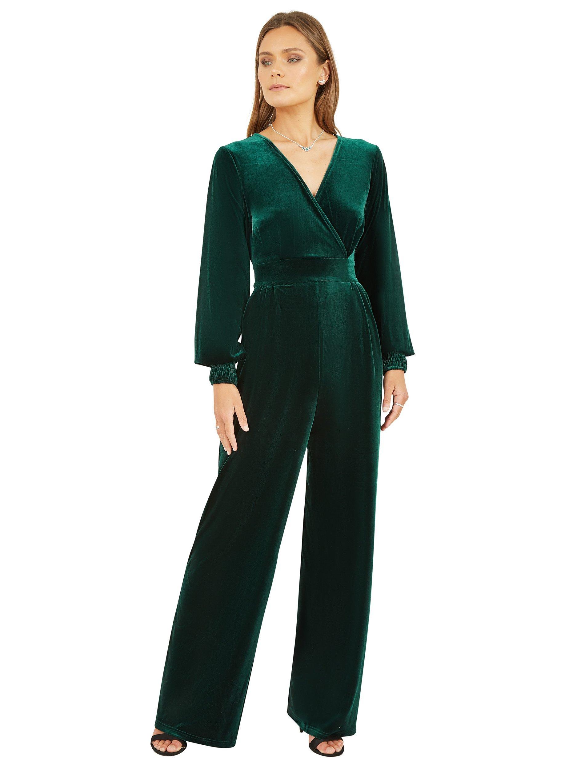 Product image 1 of 4, which shows Yumi Velvet Long Sleeve Jumpsuit, Green, 8