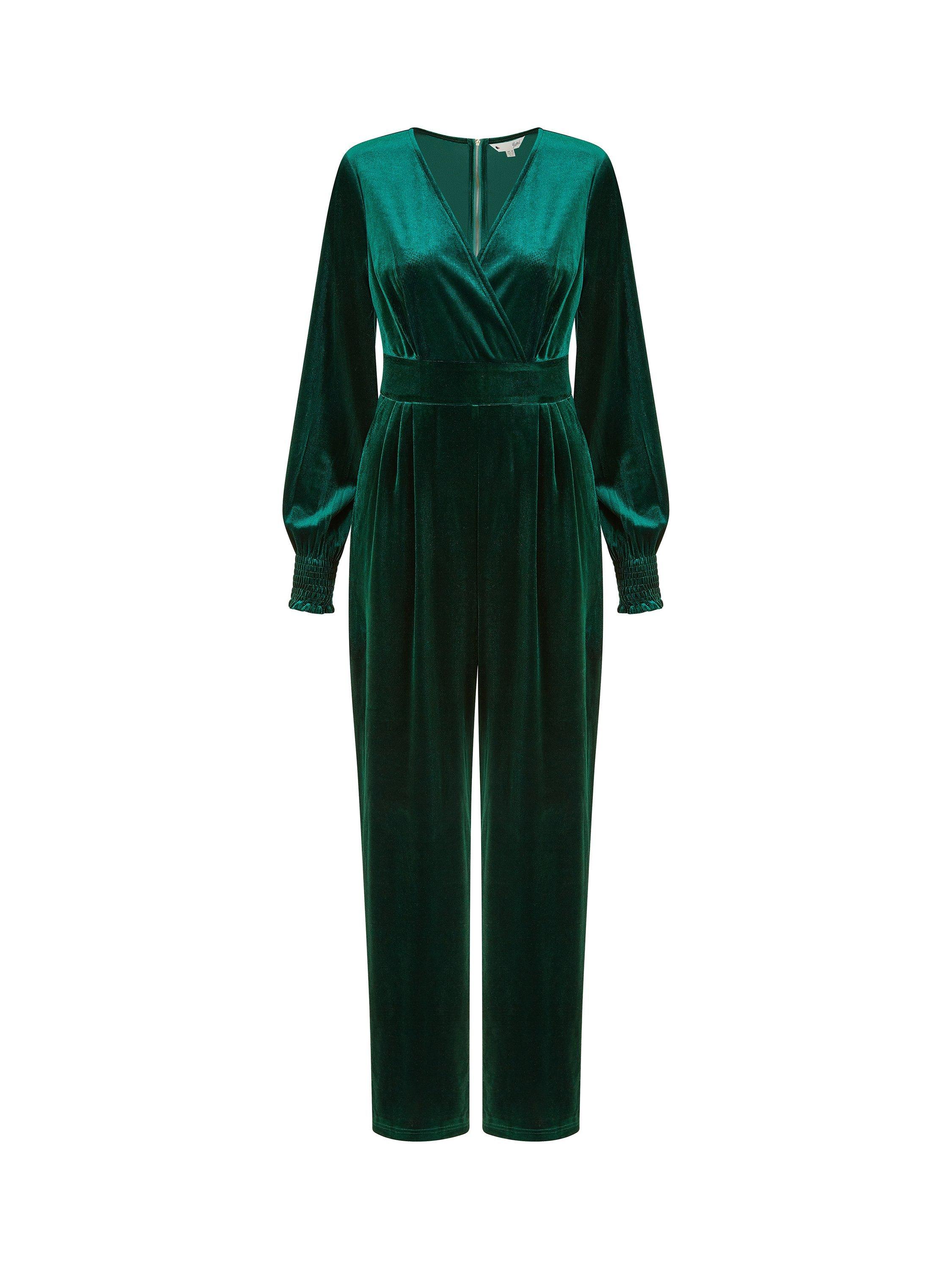 Product image 4 of 4, which shows Yumi Velvet Long Sleeve Jumpsuit, Green, 8