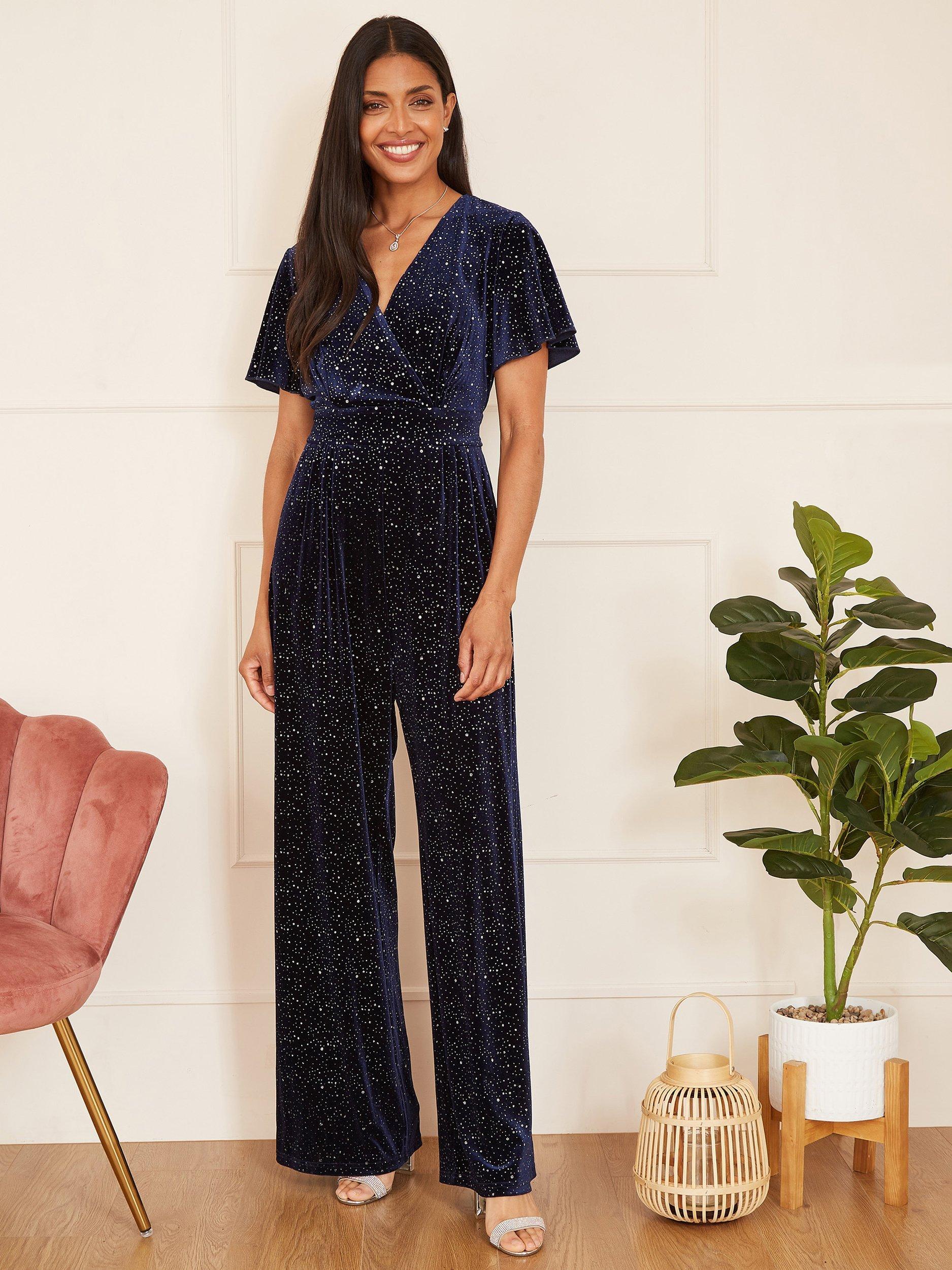 Product image 2 of 4, which shows Yumi Sparkle Velvet Jumpsuit, Navy, 8