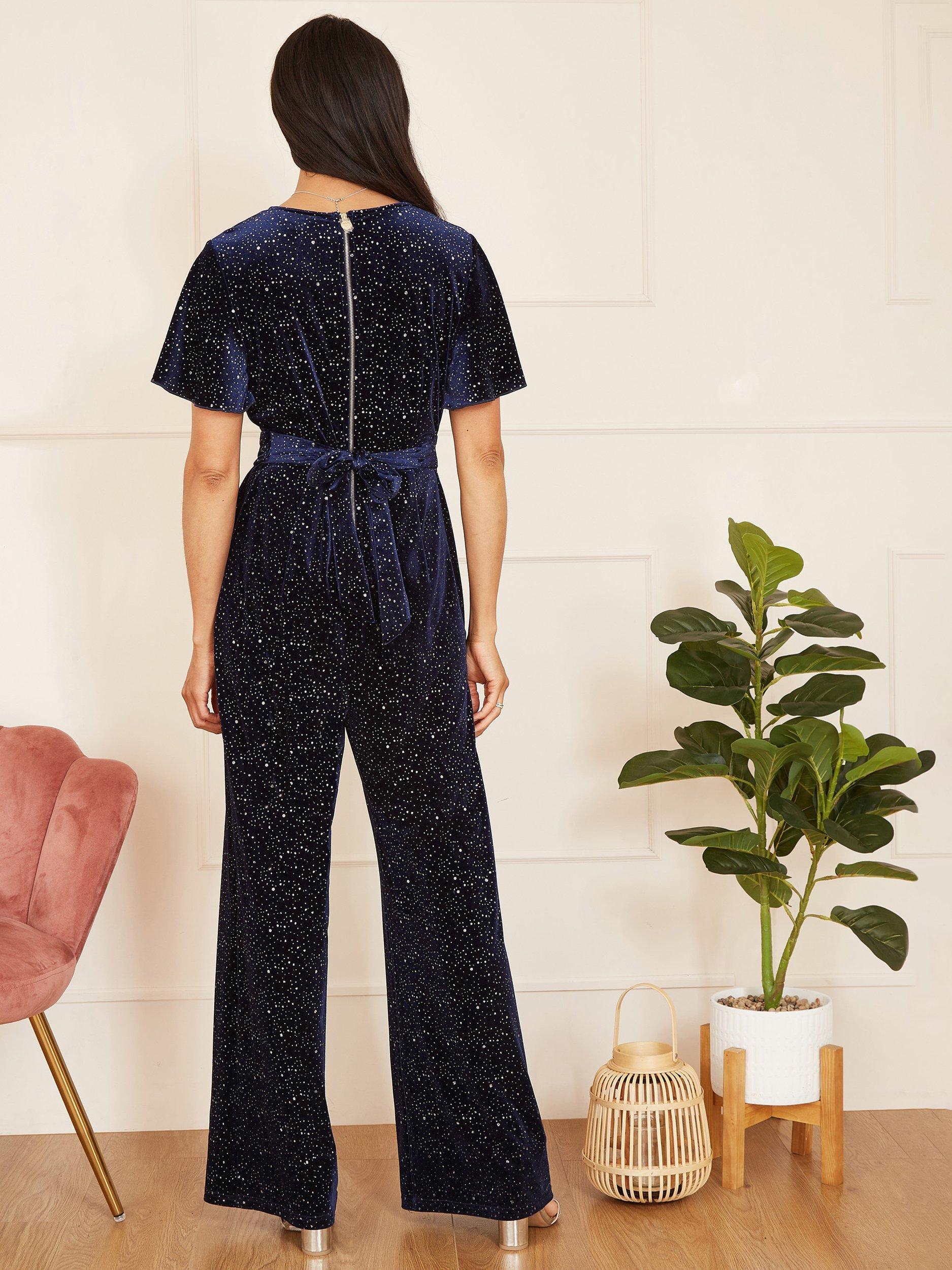 Product image 3 of 4, which shows Yumi Sparkle Velvet Jumpsuit, Navy, 8