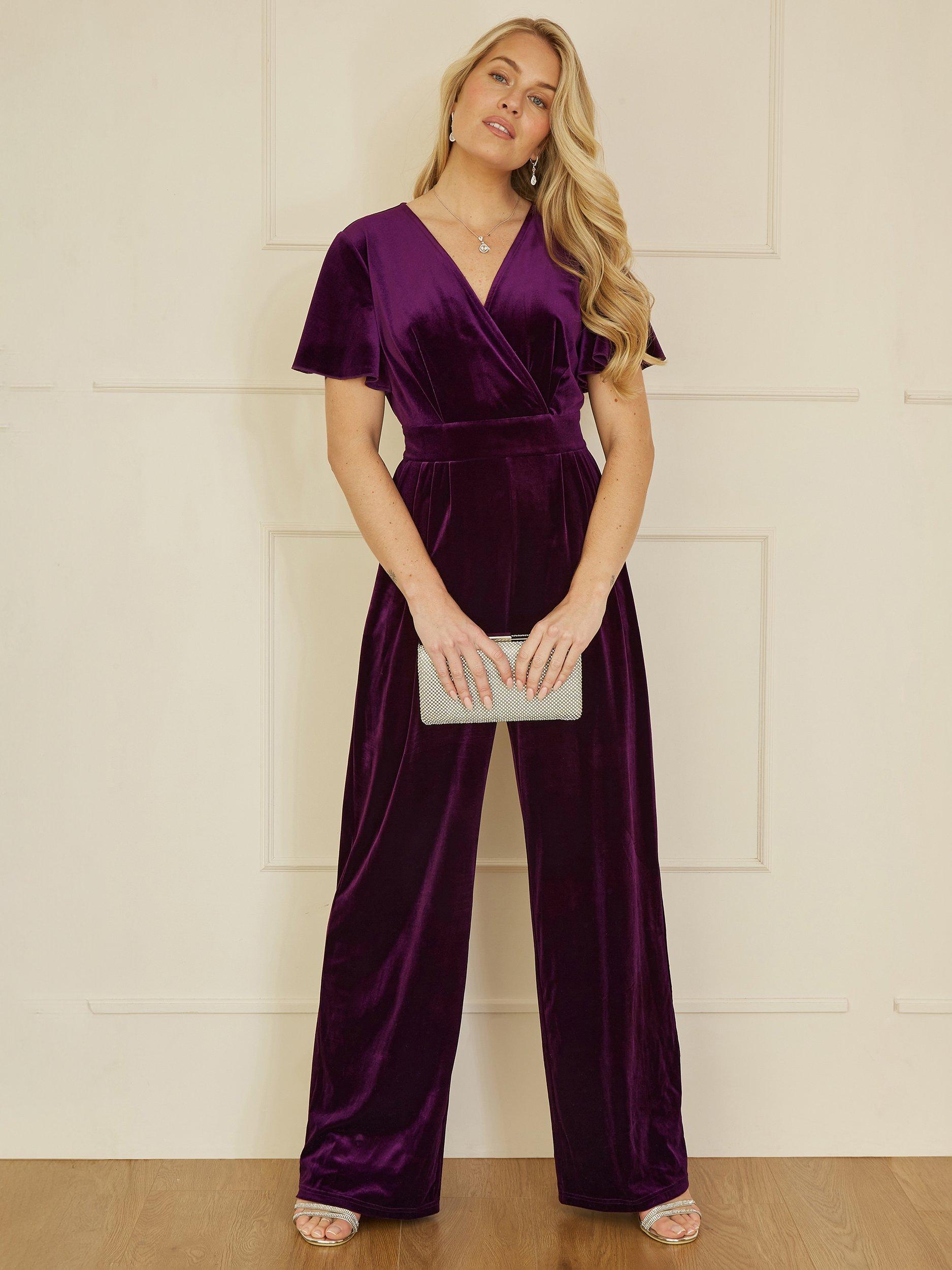 Product image 1 of 3, which shows Yumi Velvet Angel Sleeve Jumpsuit, Purple, 8