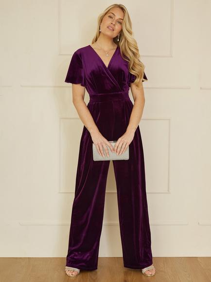 Yumi Velvet Angel Sleeve Jumpsuit, Purple