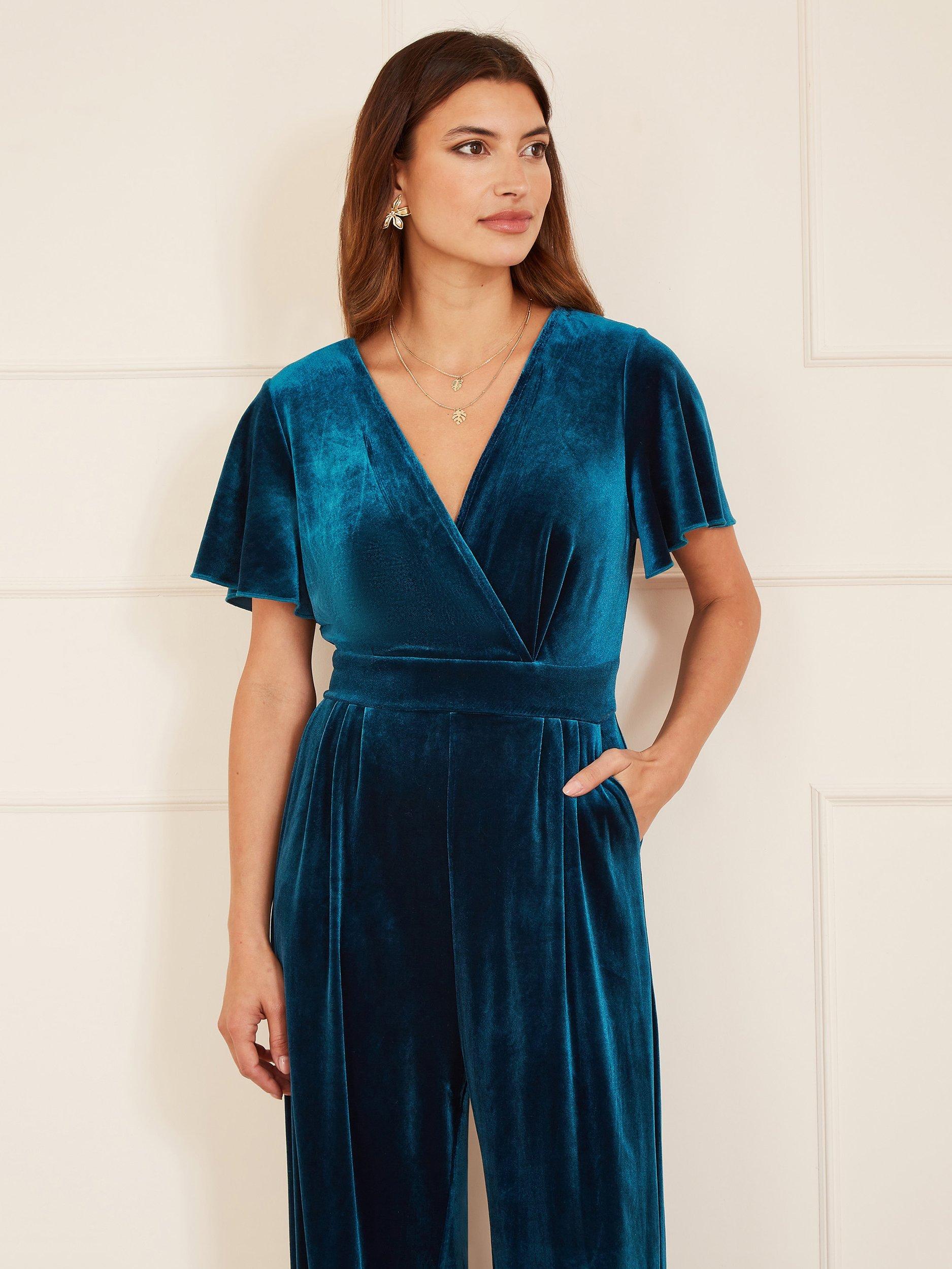 Product image 1 of 3, which shows Yumi Velvet Angel Sleeve Jumpsuit, Teal, 8