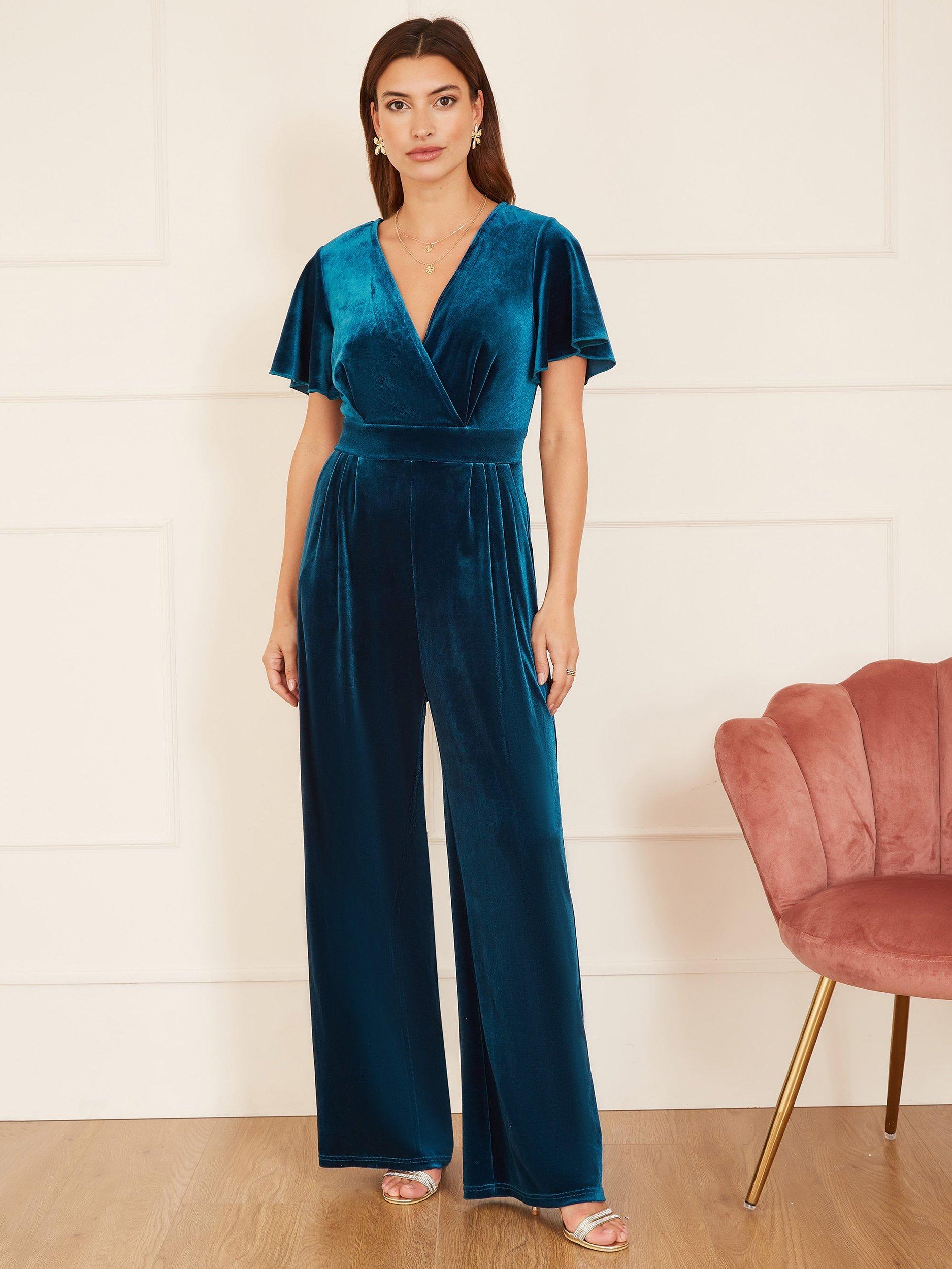 Product image 2 of 3, which shows Yumi Velvet Angel Sleeve Jumpsuit, Teal, 8
