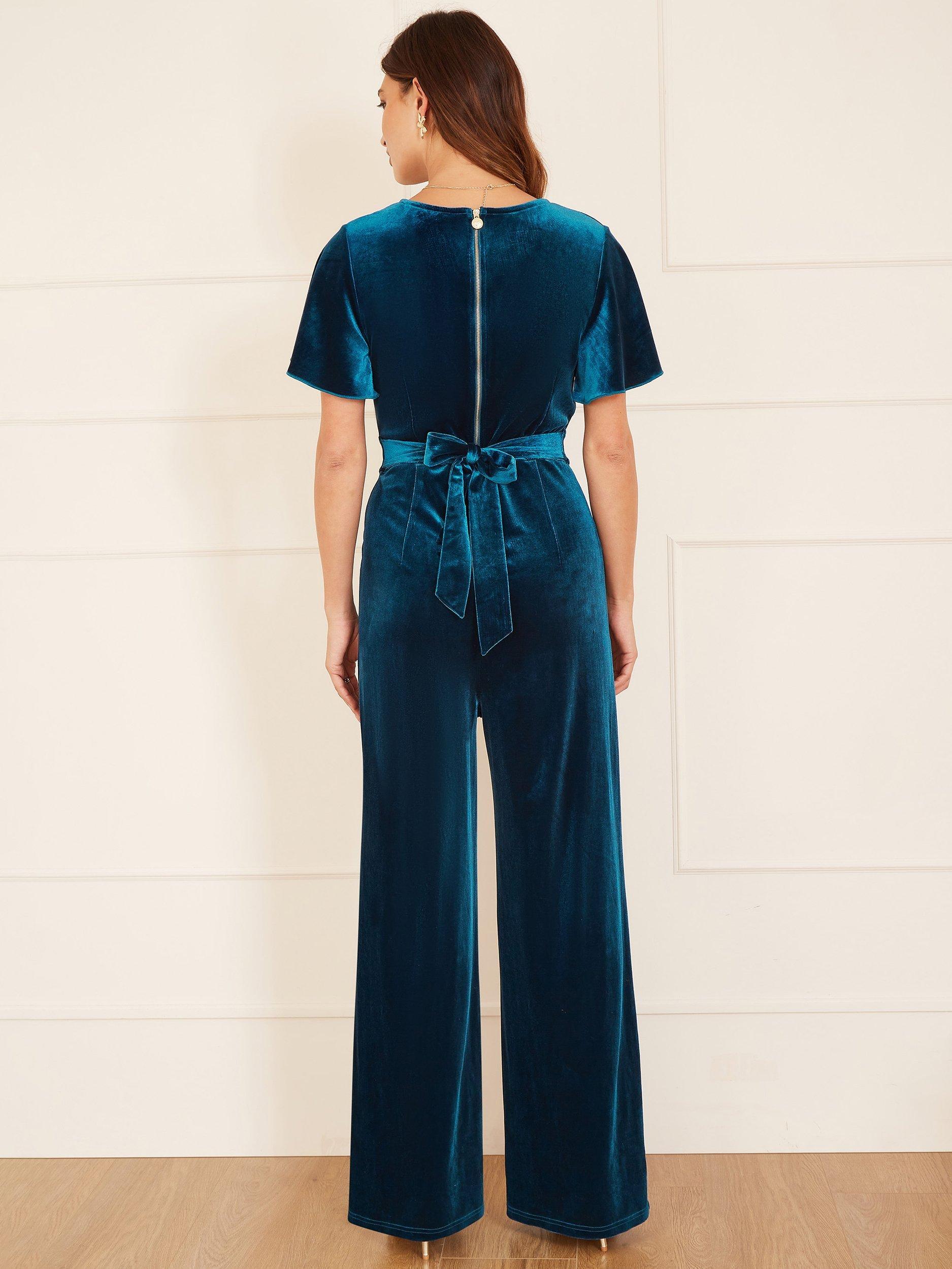 Product image 3 of 3, which shows Yumi Velvet Angel Sleeve Jumpsuit, Teal, 8