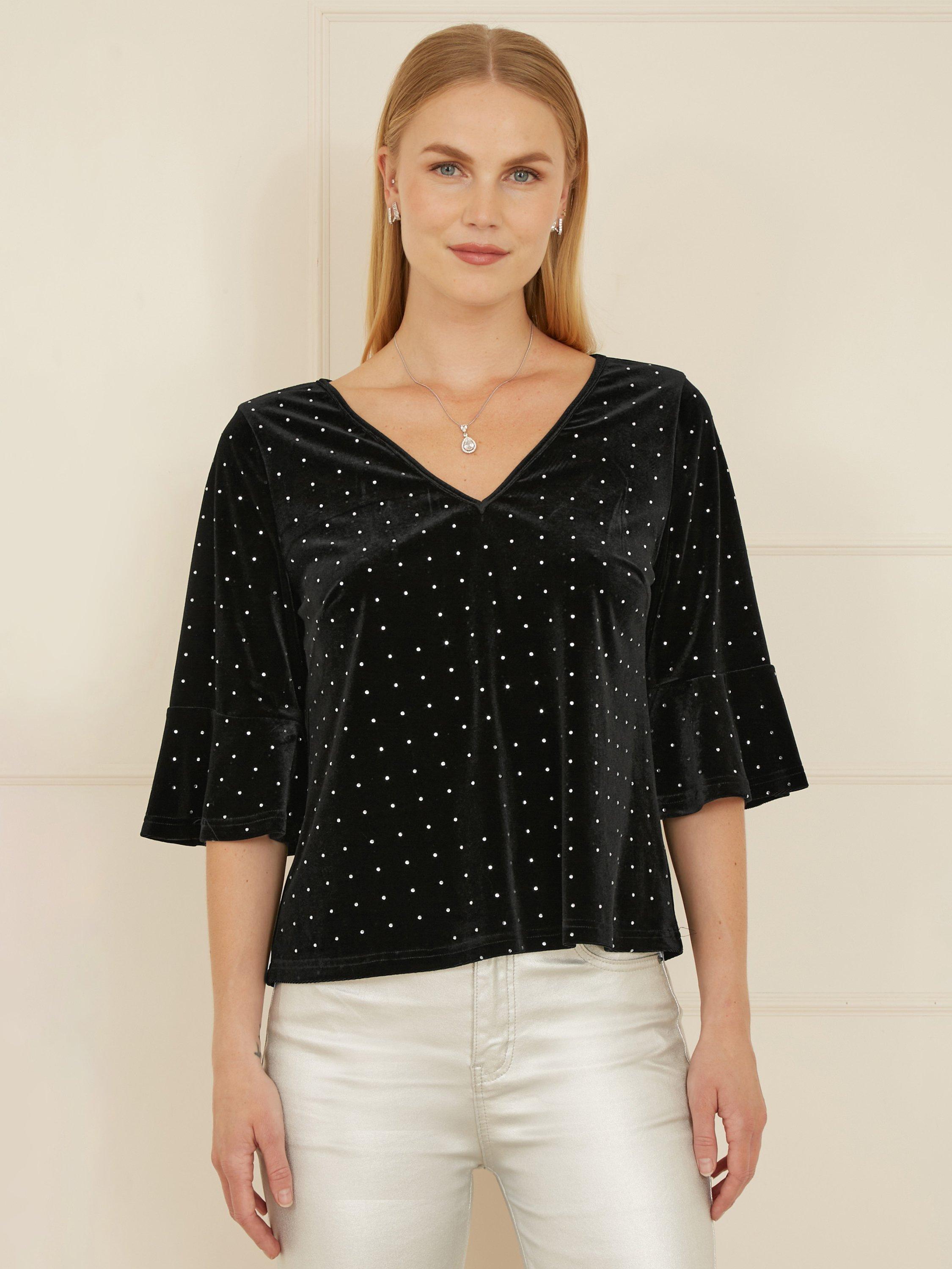 Product image 1 of 4, which shows Yumi Stud Velvet Fluted Sleeve Top, Black, 8
