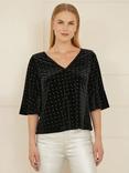 Yumi Stud Velvet Fluted Sleeve Top, Black