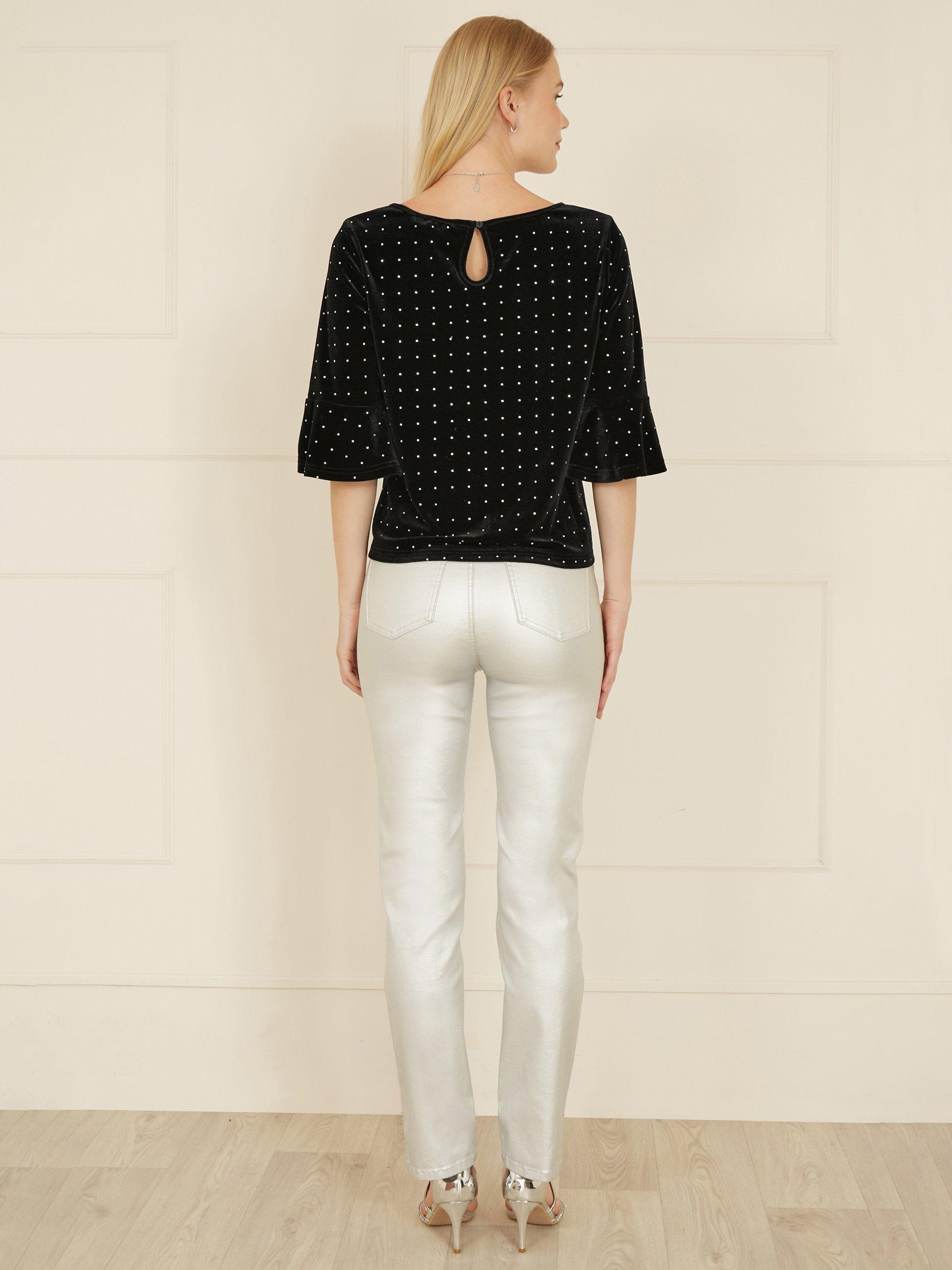 Product image 3 of 4, which shows Yumi Stud Velvet Fluted Sleeve Top, Black, 8