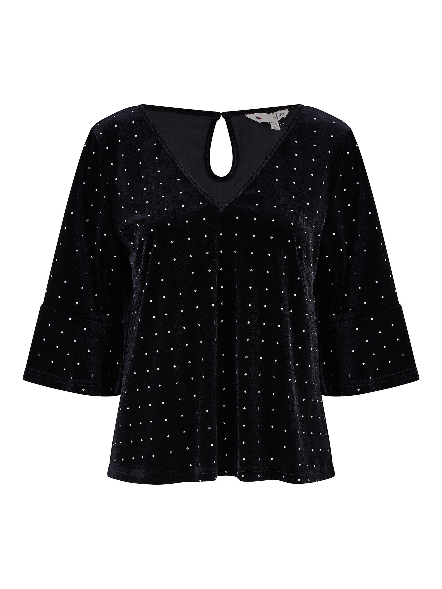 Product image 4 of 4, which shows Yumi Stud Velvet Fluted Sleeve Top, Black, 8