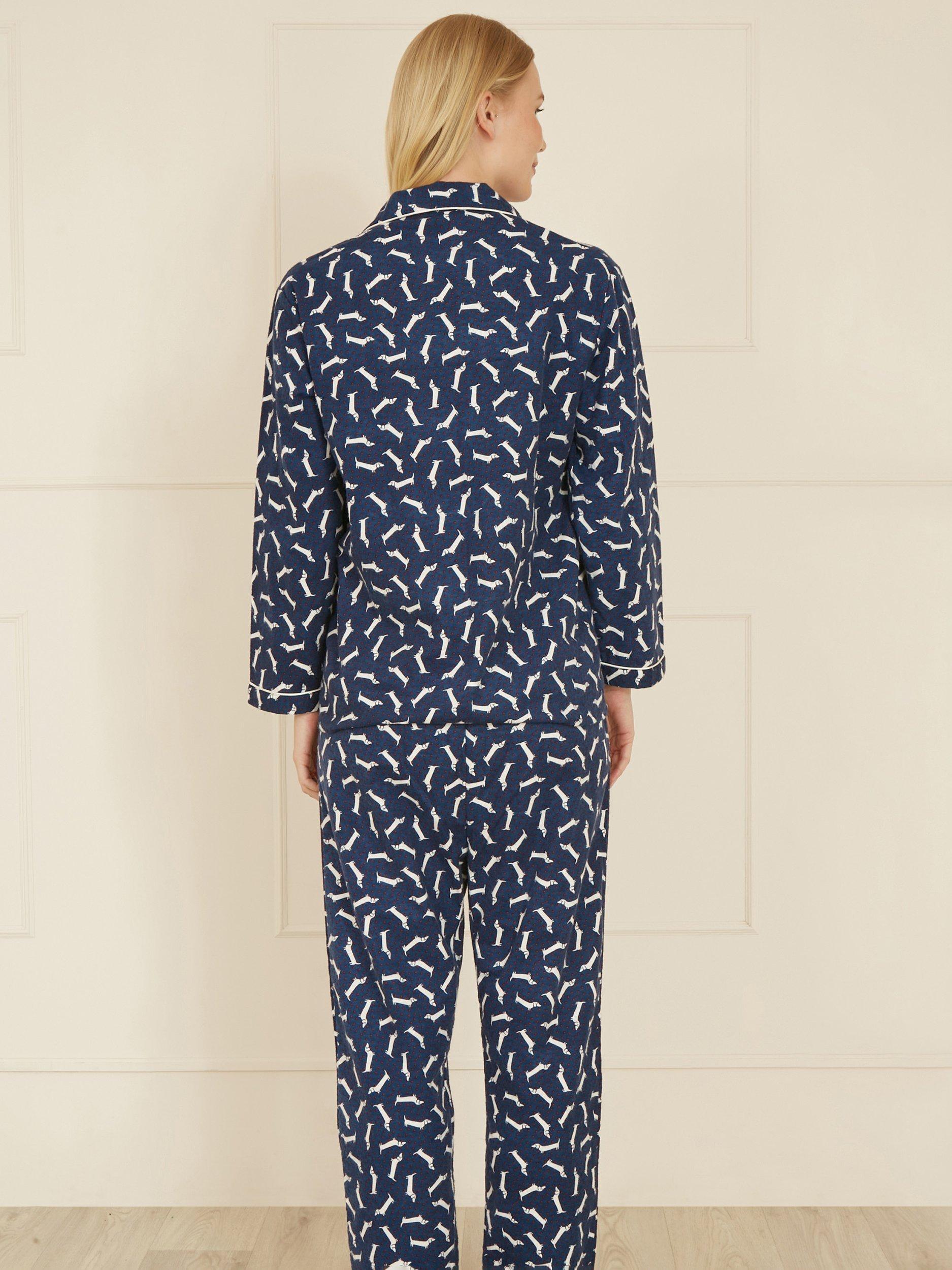 Product image 3 of 6, which shows Yumi Dachshund Print Brushed Cotton Pyjamas, Navy, S